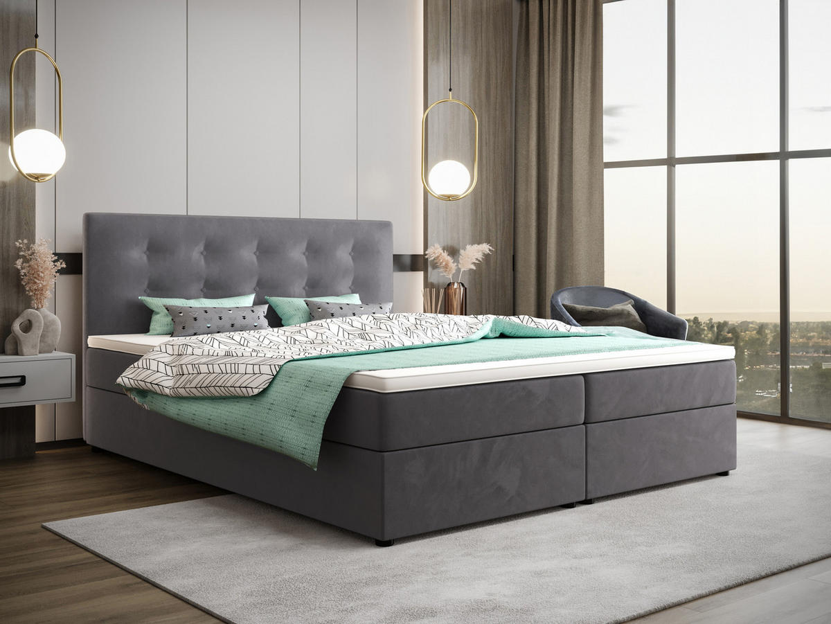 BOXBETT FADO 22 mit Matratze H3, Bonell und Topper 180x200 Itaka 50 - Hellgrau, Holz/Textil (180/200cm) - Bedante