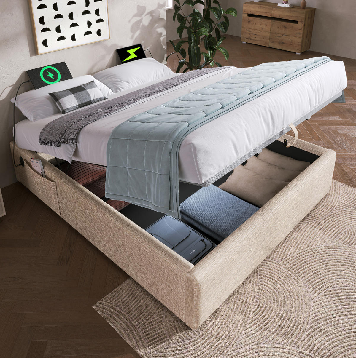POLSTERBETT aus Leinen 140x200 cm in Natur mit USB-C & Stauraum - Naturfarben, Textil (140/200cm) - Modfu