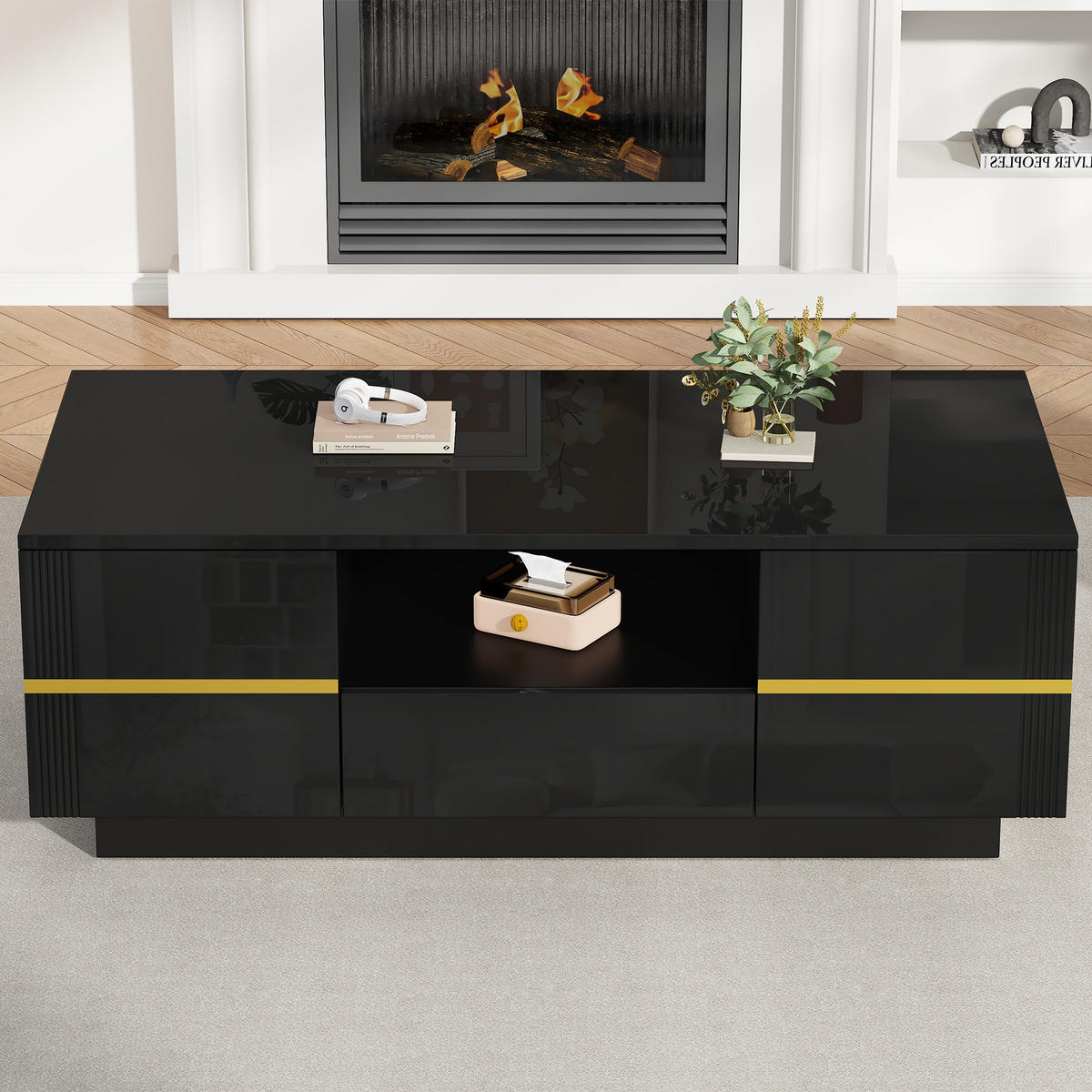 KLUB-STOLIĆ 100/50/35,5 cm s LED rasvjetom i prostor za pohranu u crnoj boji - boje oraha/crna, drvni materijal (50/100/35.5cm) - CHICFURN