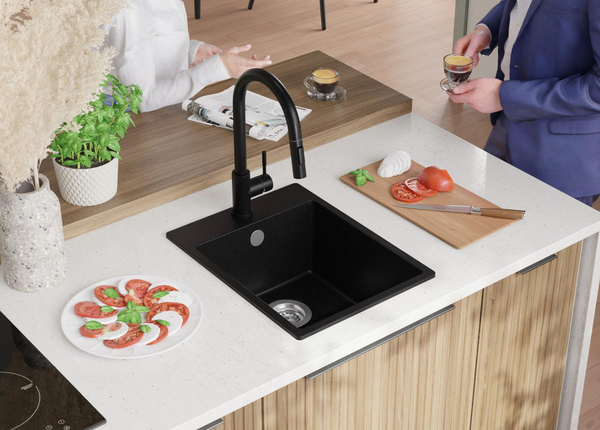 SPÜLBECKEN Riga, 2-er set Alles Schwarz 38/50 cm 1 Becken + Ablauf-Set ab 40er Unterschrank - Schwarz, Kunststoff (38/20/50cm) - Primagran