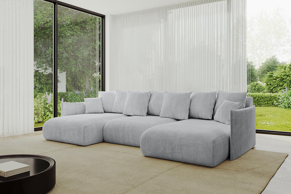 WOHNLANDSCHAFT mit Schlaffunktion und Bettkasten ONESK-U 317x177x72 Grau Cord - Grau, Holzwerkstoff/Kunststoff (317/72/177cm) - ALTDECOR