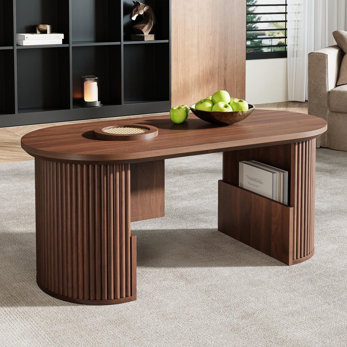 KONFERENČNÝ stolík z MDF, 105/50/46,5 cm orechový, oválny s úložným priestorom - farba orecha, kompozitné drevo (105/50/46.5cm) - BEAOK