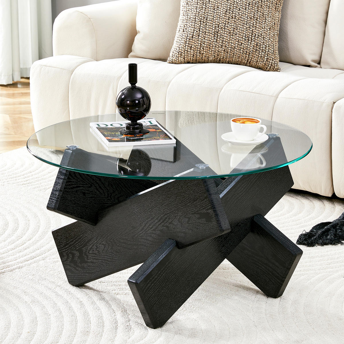 COUCHTISCH 79/45 cm aus MDF und Glas mit Kreuzgestell in Schwarz/Transparent - Schwarz, Holzwerkstoff (79/79/45cm) - Flora Grace