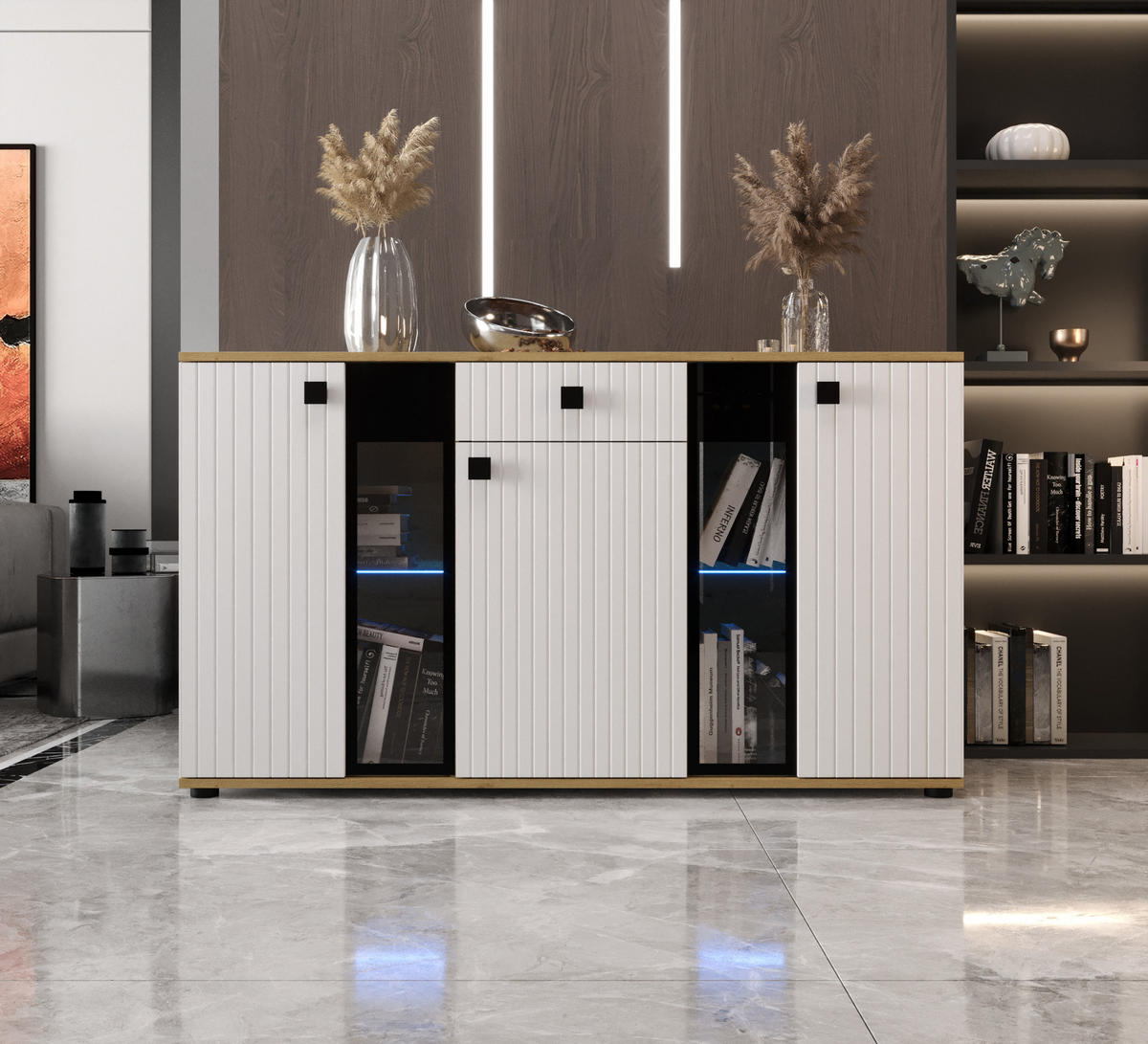 KOMMODE London LSMK LAMELE mit 3 Türen, Sideboard in Farbe: Weiß|Braun, Größe: 140 x 80 x 40 cm - Weiß/Braun, Holzwerkstoff (140/80/40cm) - O-Sofa