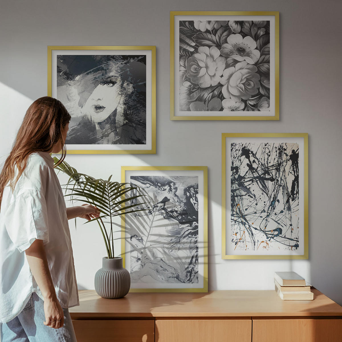 BILDER SET 4er Set - 50x50 cm & 40x60 cm Goldrahmen - Abstrakte schwarz-weiße Muster - Goldfarben, Kunststoff (50/50cm) - TULUP