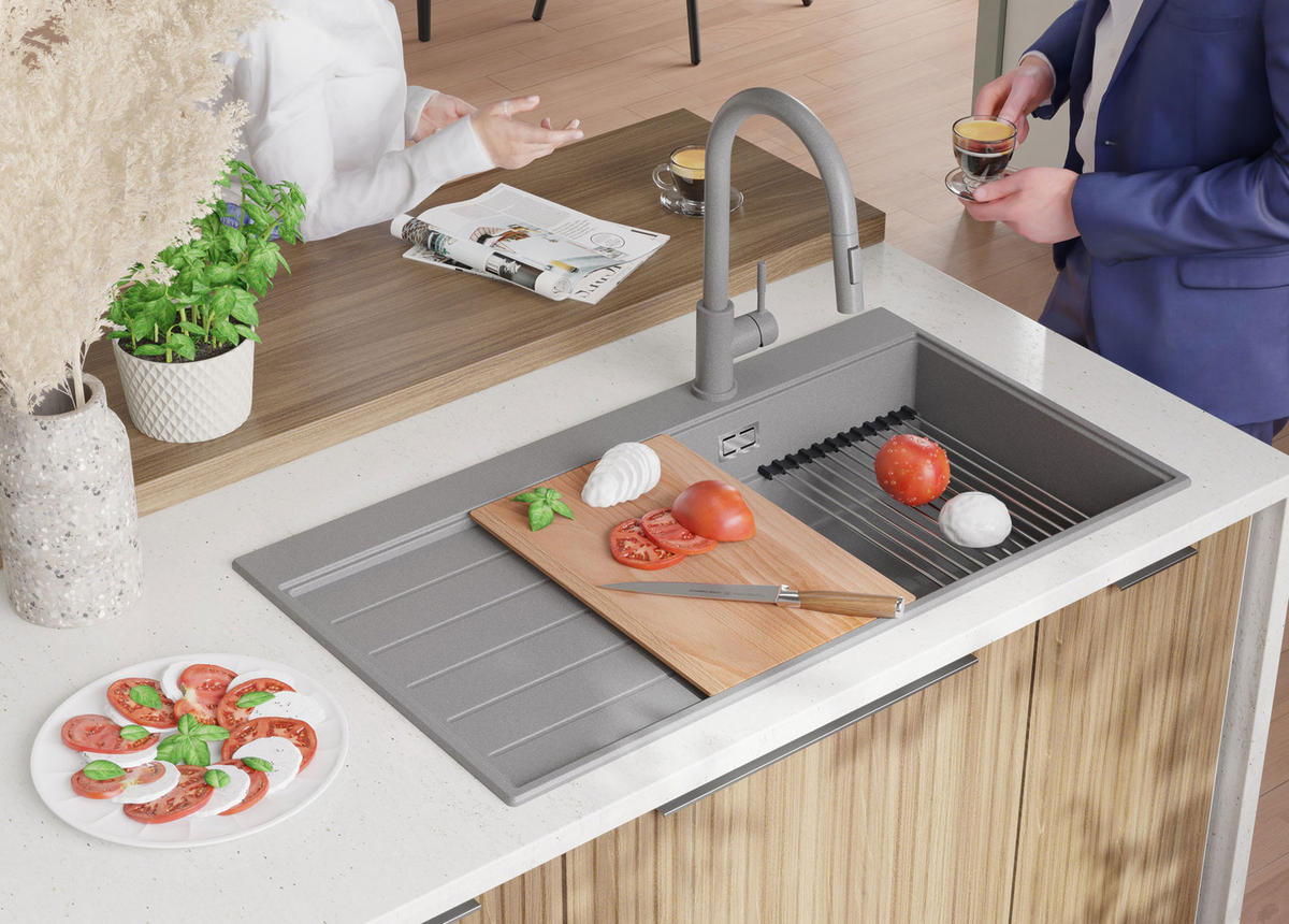 SPÜLBECKEN Sydney, 2-er set Grau 90/50 cm 1 Becken + Ablauf-Set + Küchenzubehörset ab 60er Unterschrank - Chromfarben/Beige, Kunststoff (90/20/50cm) - Primagran