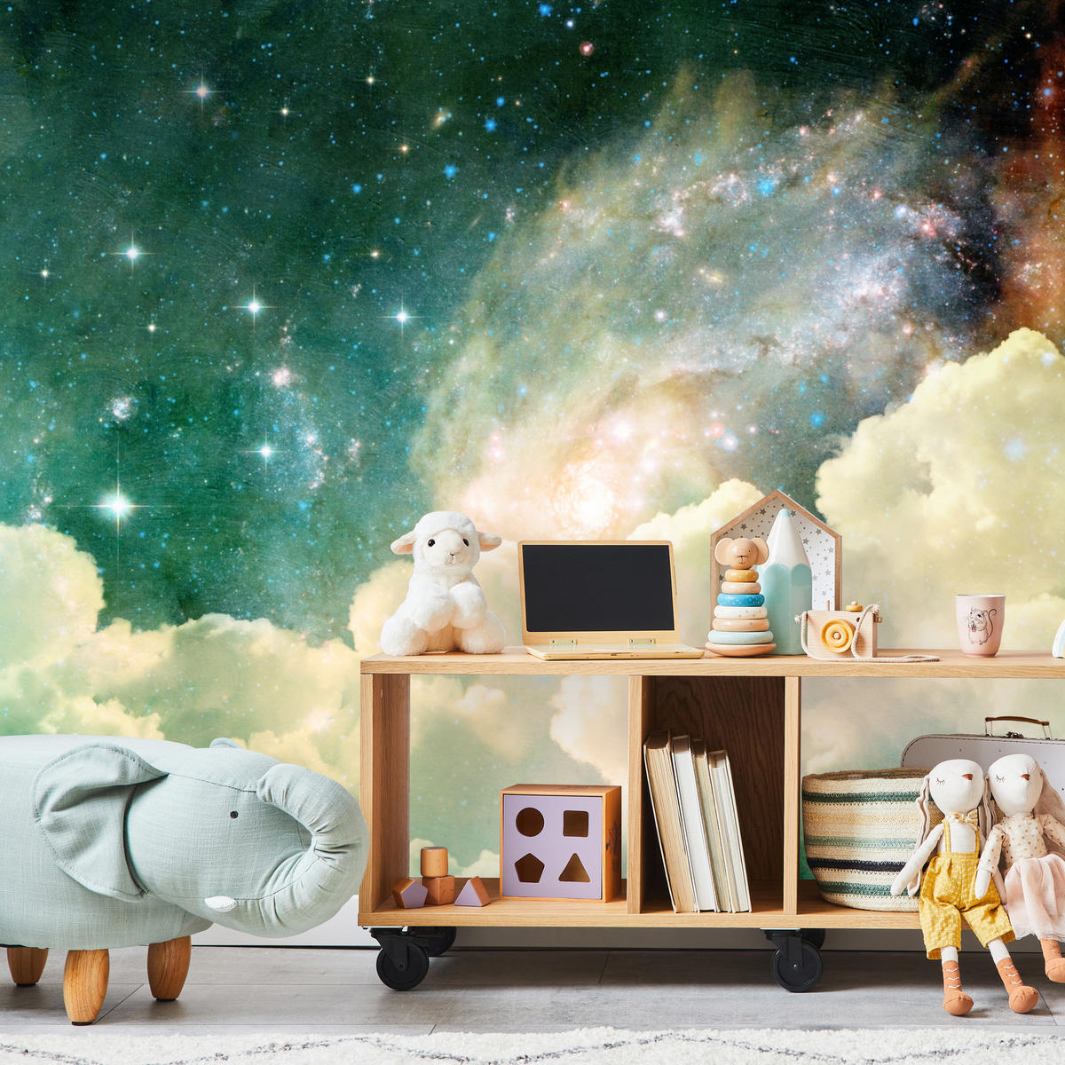 FOTOTAPETE für Kinderzimmer Kosmische Nebelwolken Sterne Galaxie Mystisch 350x256 - Türkis/Pastellgrün, Papier (350/256cm) - Muralo