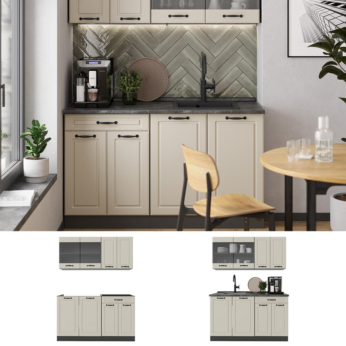SINGLEKÜCHE R-Line, Sand Landhaus/Anthrazit, 140 cm Arbeitsplatte Anthrazit - Beige/Anthrazit, Holzwerkstoff (140/81.6/60cm) - Vicco