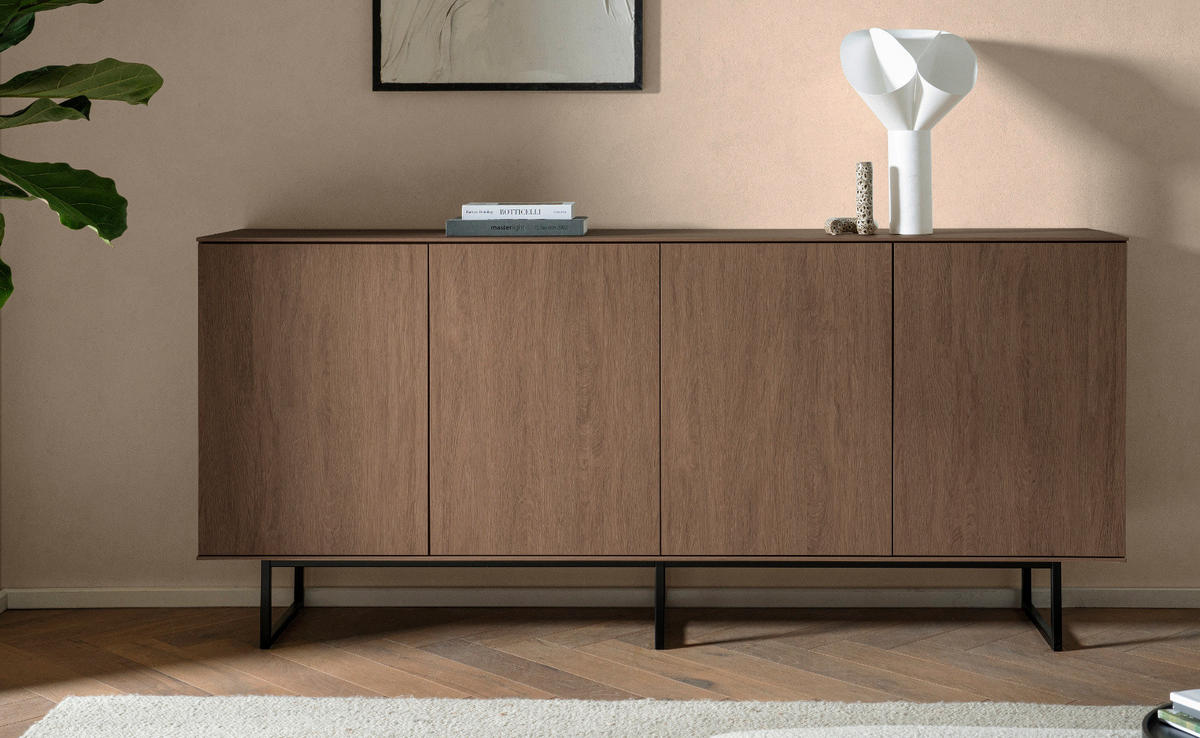 SIDEBOARD in Nussbaum 200 x 90 cm, Kommode mit Push-to-Open - Nussbaumfarben/Schwarz, Holzwerkstoff/Metall (200/90/40cm) - Furn.Design