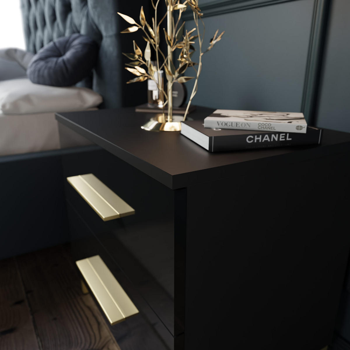 NACHTTISCH LINA GOLD mit Beinen, Hochglanz - Schwarz, Holzwerkstoff (55/52/37cm) - Lookway