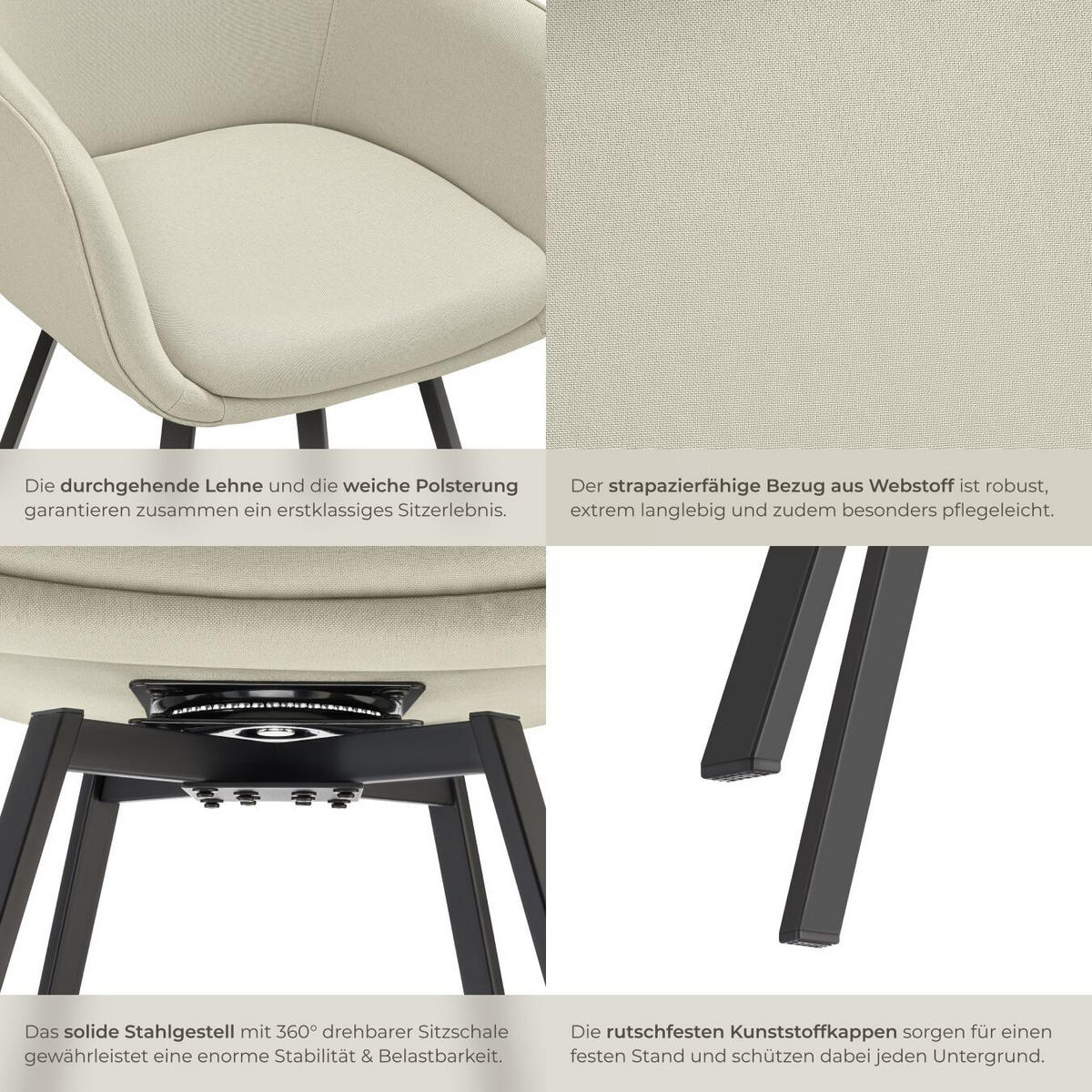 ARMLEHNSTUHL drehbarer 2er Set Alicon 57 x 59 x 88 cm greige - Greige, Textil (57/88/59cm) - tectake