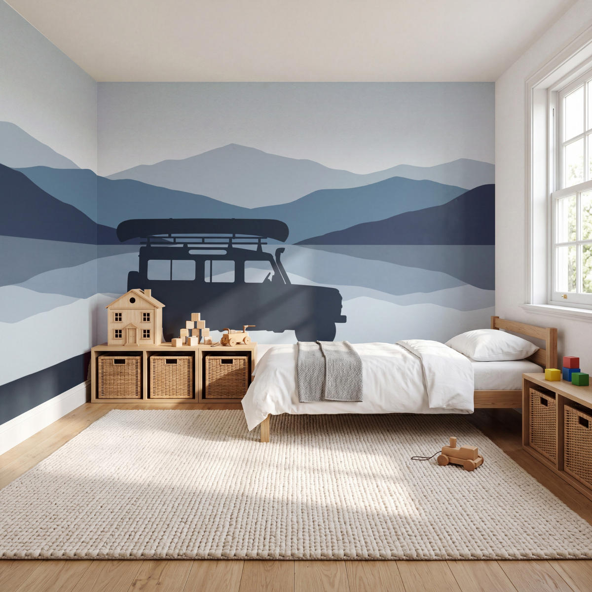 KINDERTAPETE - Auto - See - Berge - Blau - 450x280 cm - Blaugrau, Papier (450/280cm) - OnlyWow
