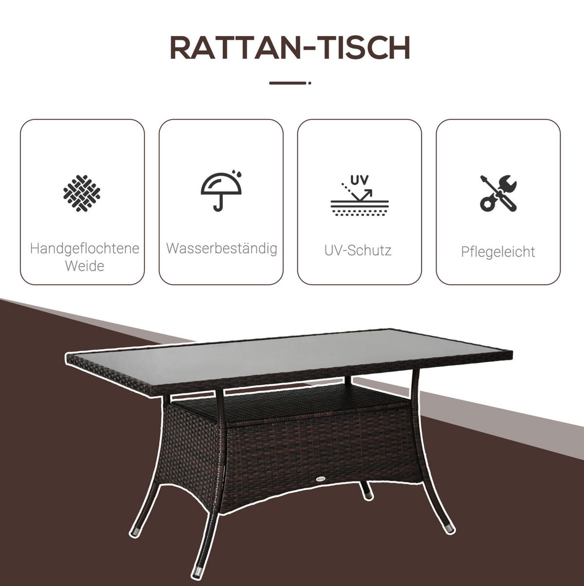 GARTENTISCH aus Polyrattan 150x85x74 cm Braun mit Sicherheitsglas - Braun, Metall (150/85/74cm) - Modfu