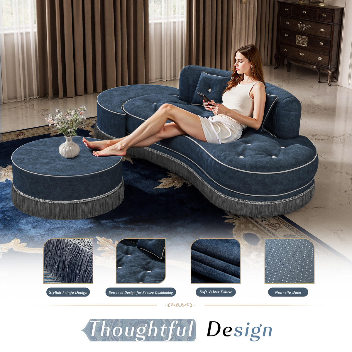 SOFA Quaste Samt blau 4-teilig - Blau, Textil (80/108/198cm) - Vercart