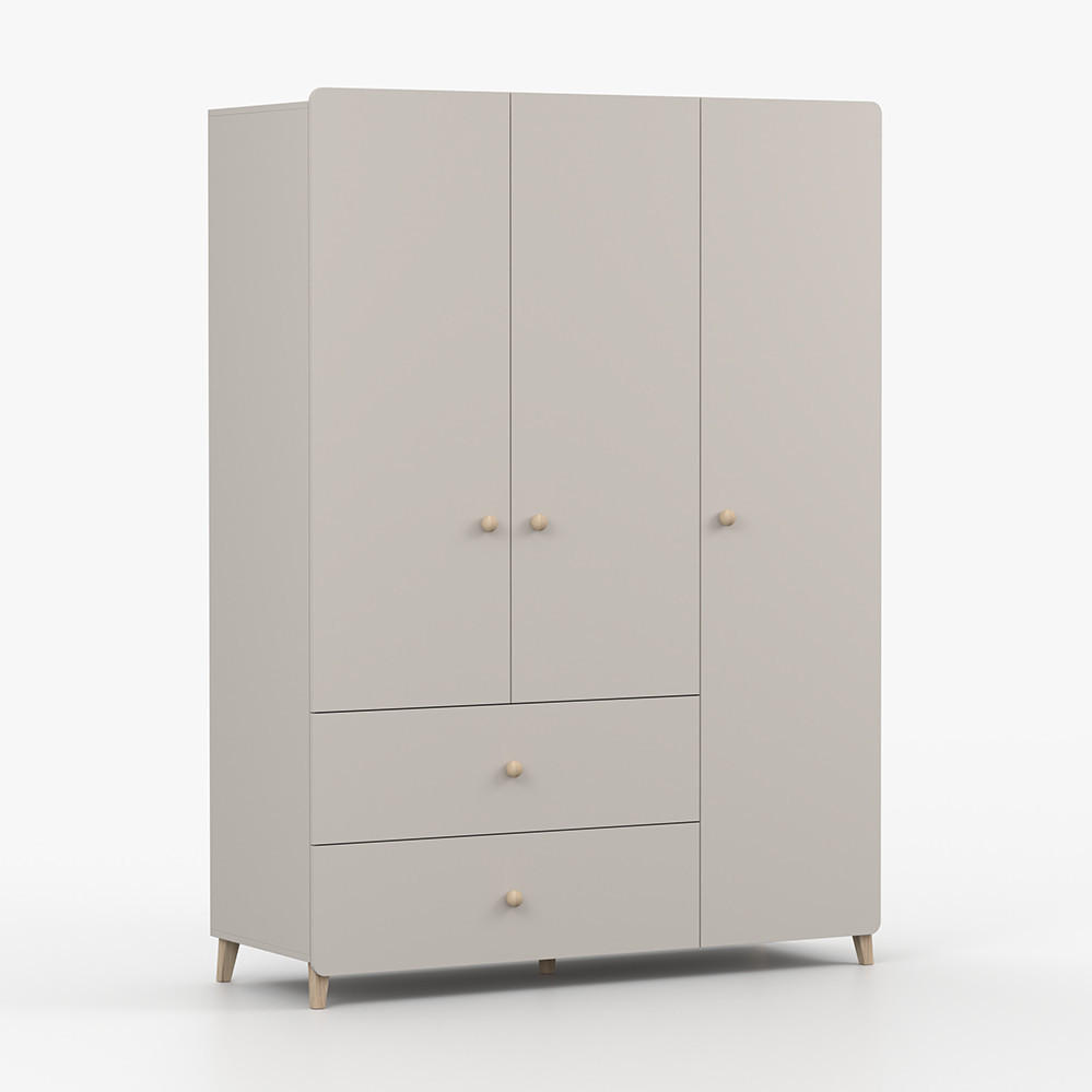 DREHTÜRENSCHRANK MARIO 3D 120 cm Kaschmir/Kaschmir, 3-türig, zwei Schubladen, Holzgriffe - Kaschmir/Eukalyptusholzfarben, Holz/Holzwerkstoff (120/204/50cm) - imoebel24