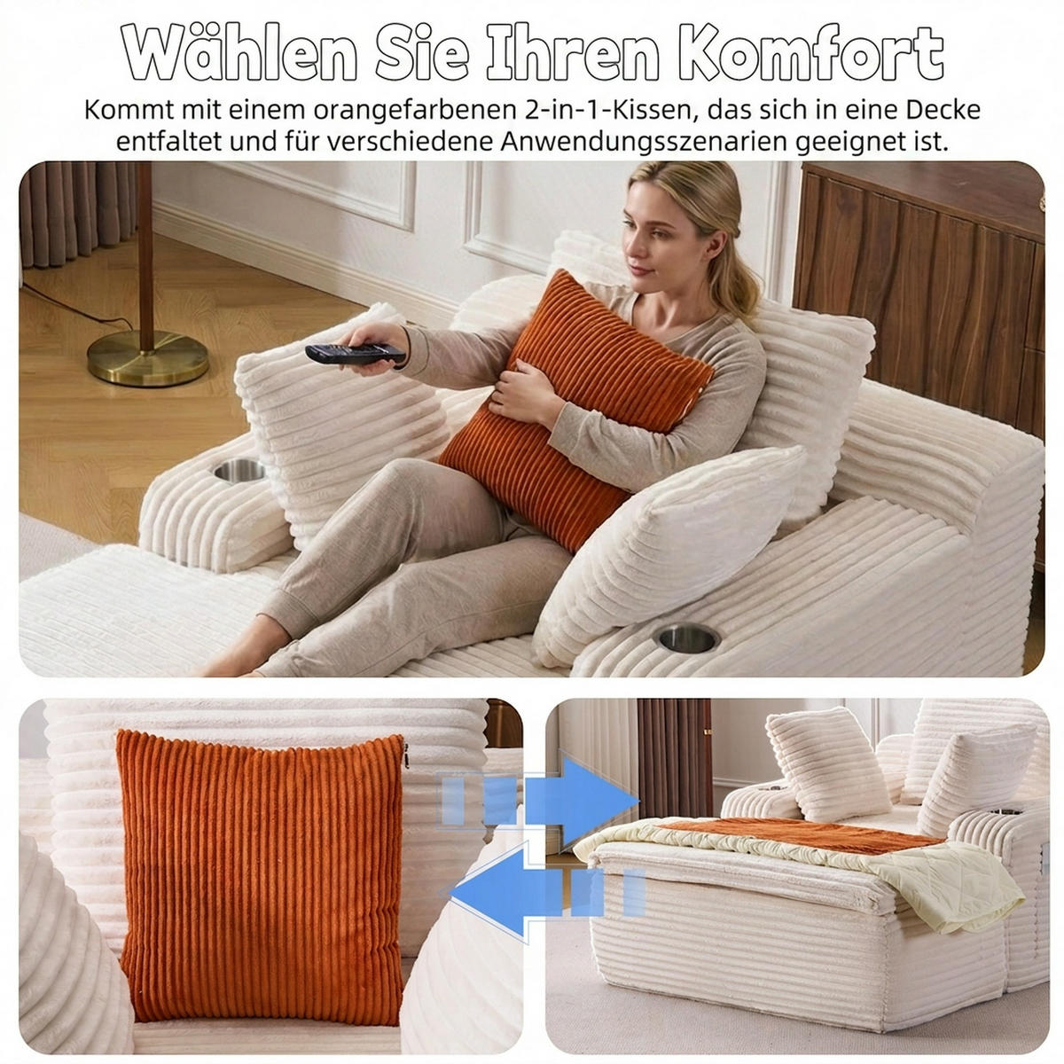 SCHLAFSOFA 165/112/63 cm Beige mit Chaiselongue, 3 Kissen und 1 Decke - Beige, Textil (112/63/165cm) - Oxeza