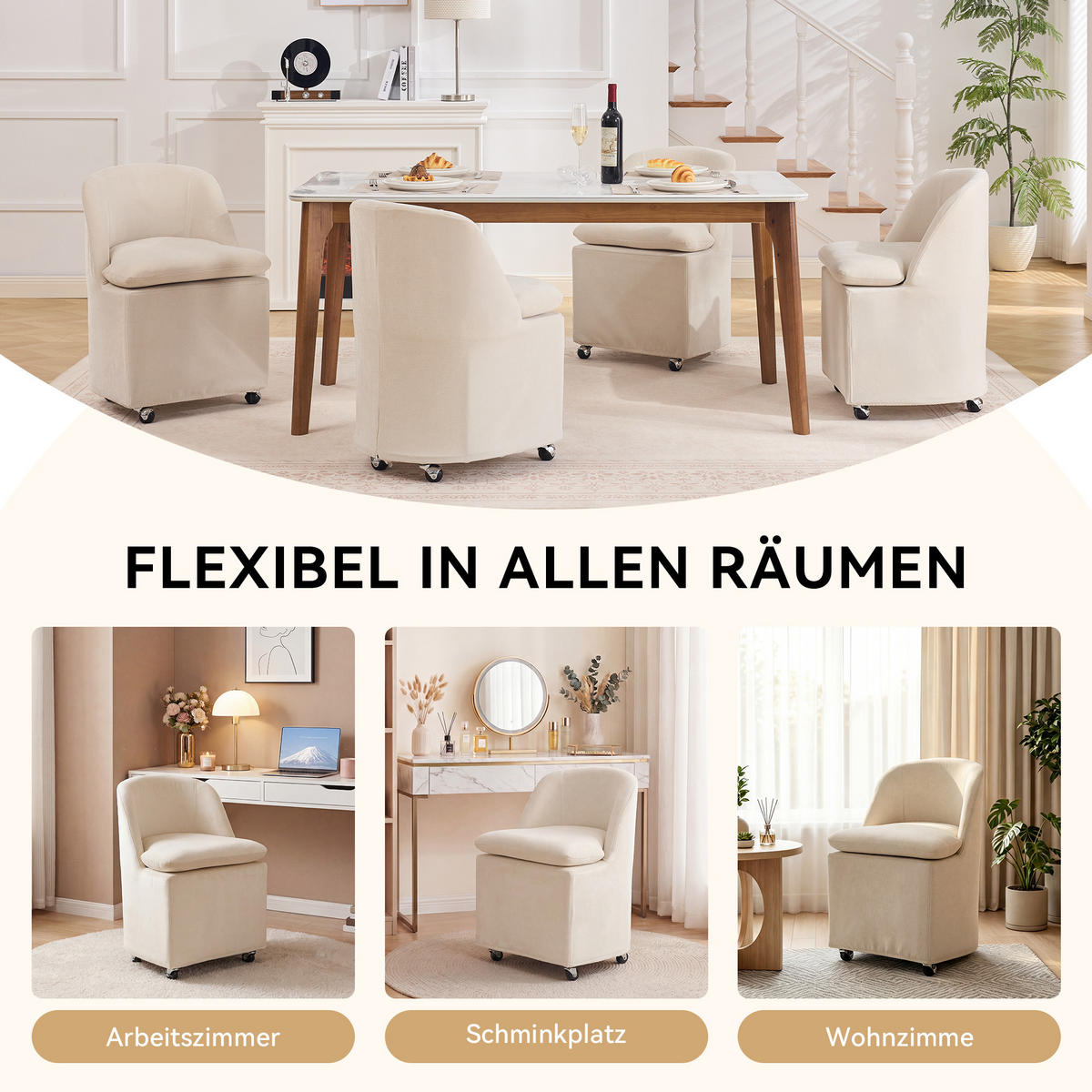 POLSTERSTUHL DE-36250 2er-Set mit Universalrollen Beige - Beige, Metall (53/78.5/53.5cm) - ComfortXL