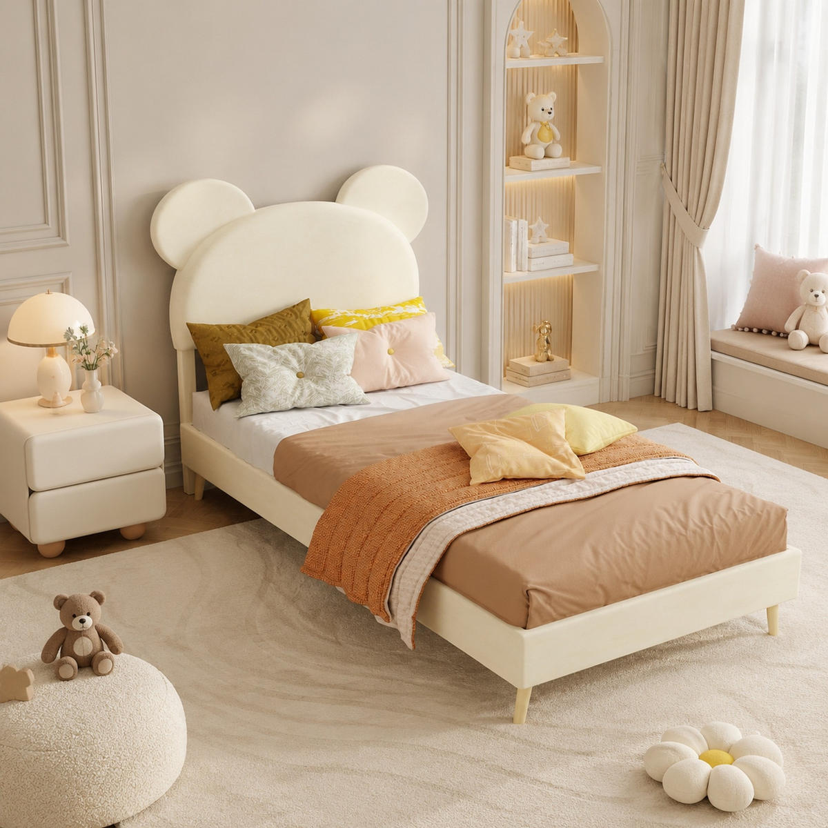 POLSTERBETT 90/200 mit Stauraum und Cartoon-Kopfteil in Beige - Beige, Holzwerkstoff/Textil (90/200cm) - EVRYAE