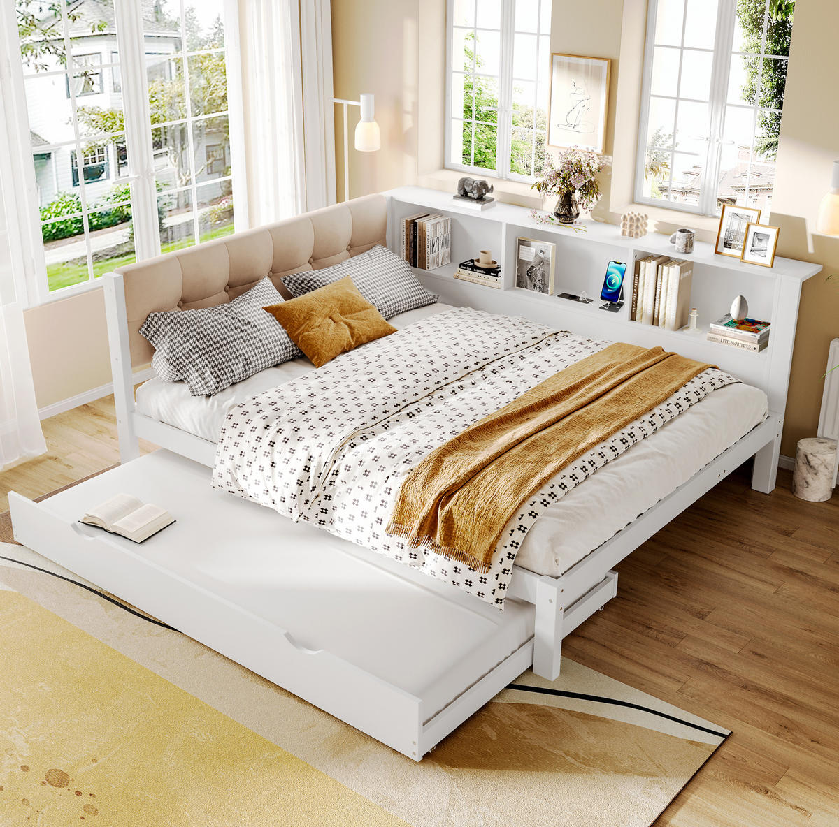 KINDERBETT 140/200 cm in Weiß mit Rollbett, Regal und LED-Beleuchtung - Weiß, Holz (140/200cm) - BEAOK