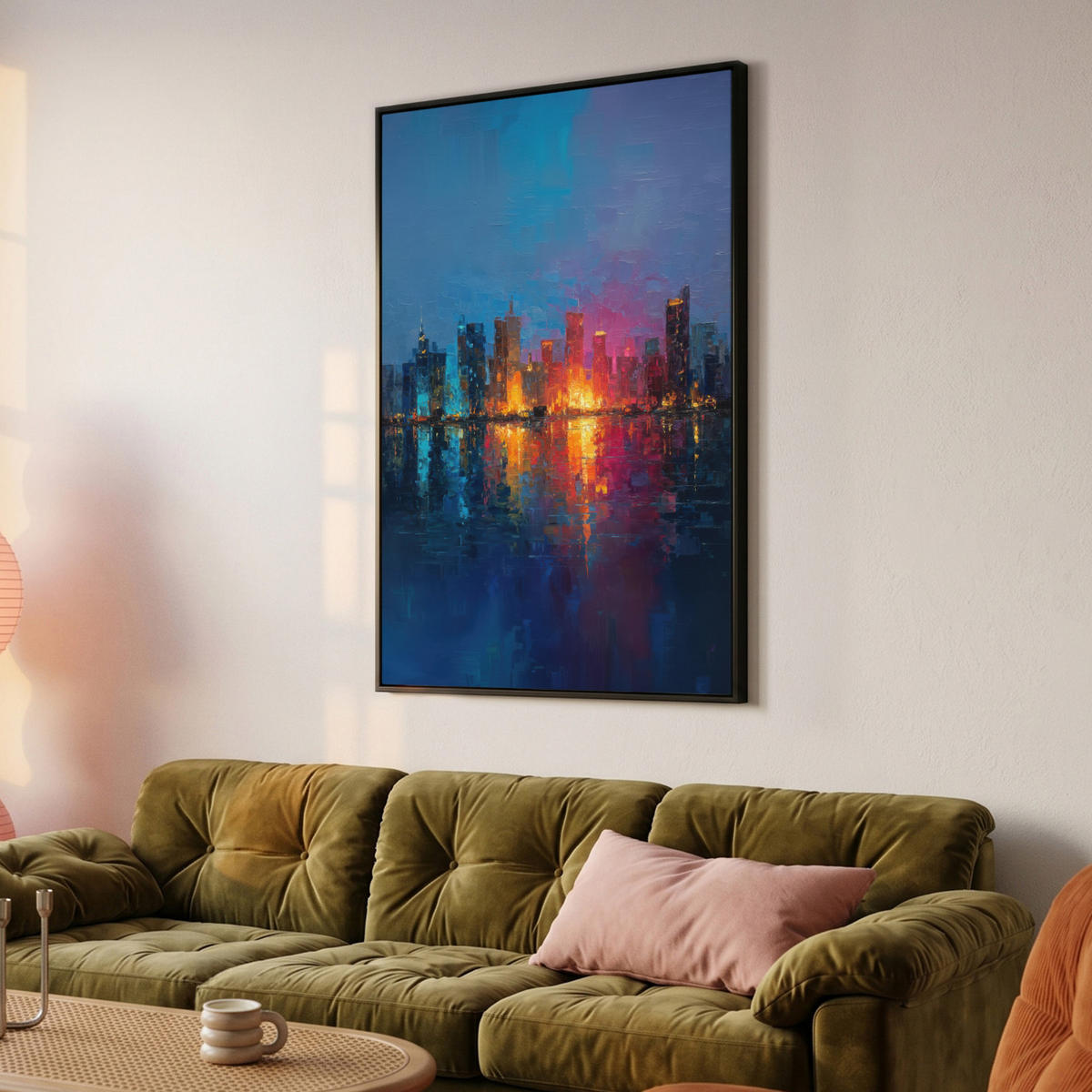 LEINWAND Bilder mit Rahmen - Skyline - Pinselstriche - Dunkelblau - Leuchtend - 90x140 - Blau, Textil (90/140cm) - MuchoWow