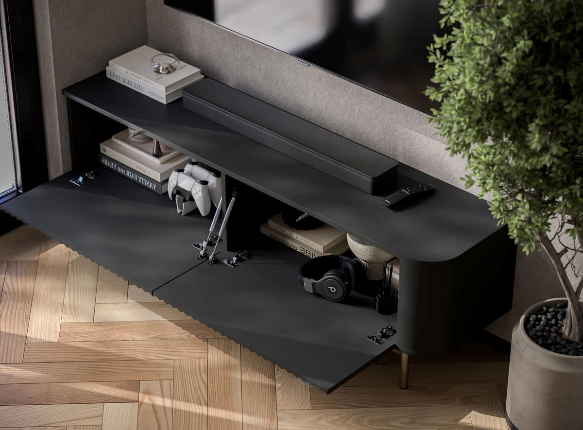 TV stolek Aurora černý matný 140 cm se zlatým kovovým rámem - černá/zlatá, kov/kompozitní dřevo (140/44/35cm) - Meble Lindner
