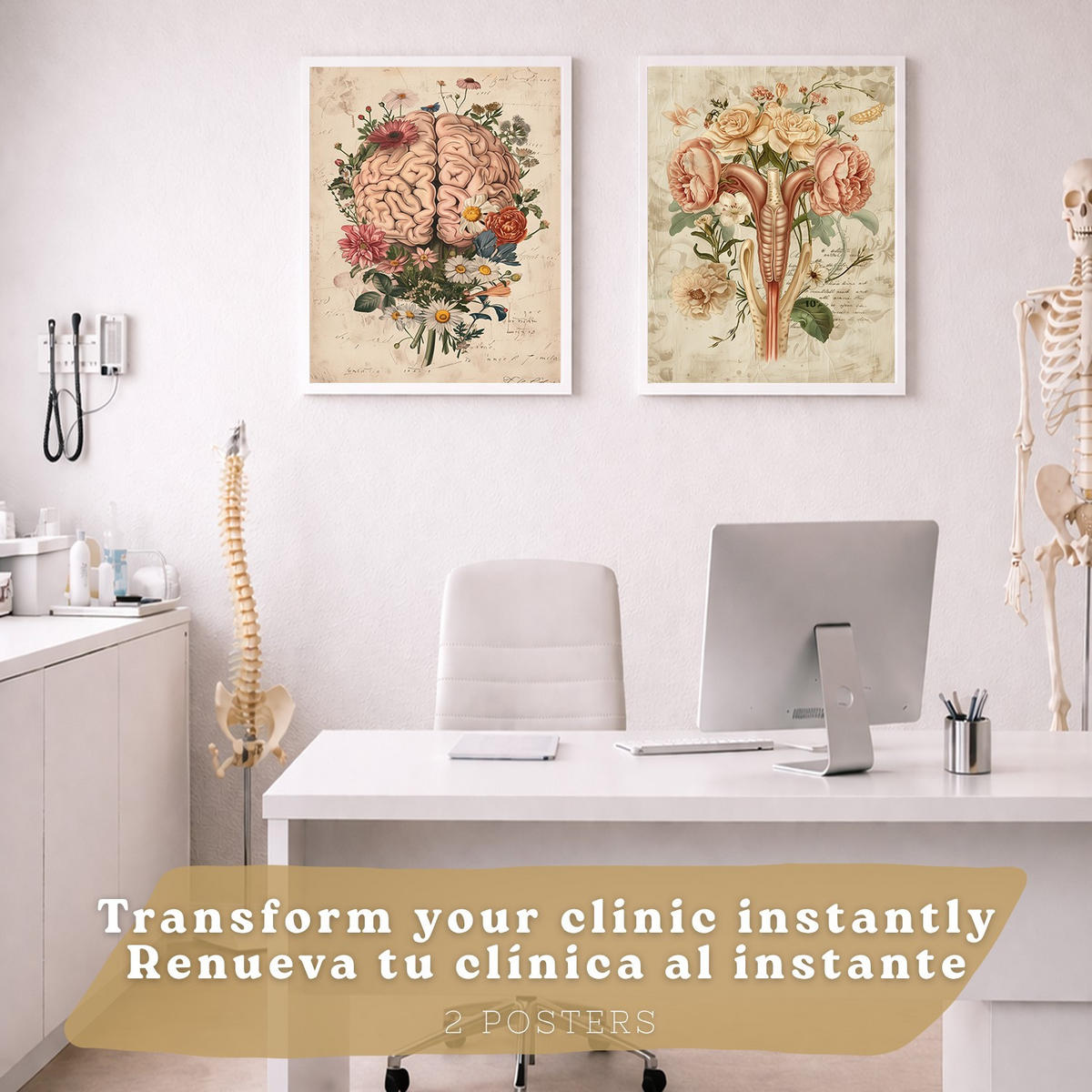 POSTER Set aus 2 Weibliche Anatomie Drucke und Wandbilder mit Gehirn und Gebärmutter Botanischer Retro Vintage Floraler Stil Größe Weißer Rahmen A4 - Weiß, Papier (21/29.7/3cm) - Nacnic