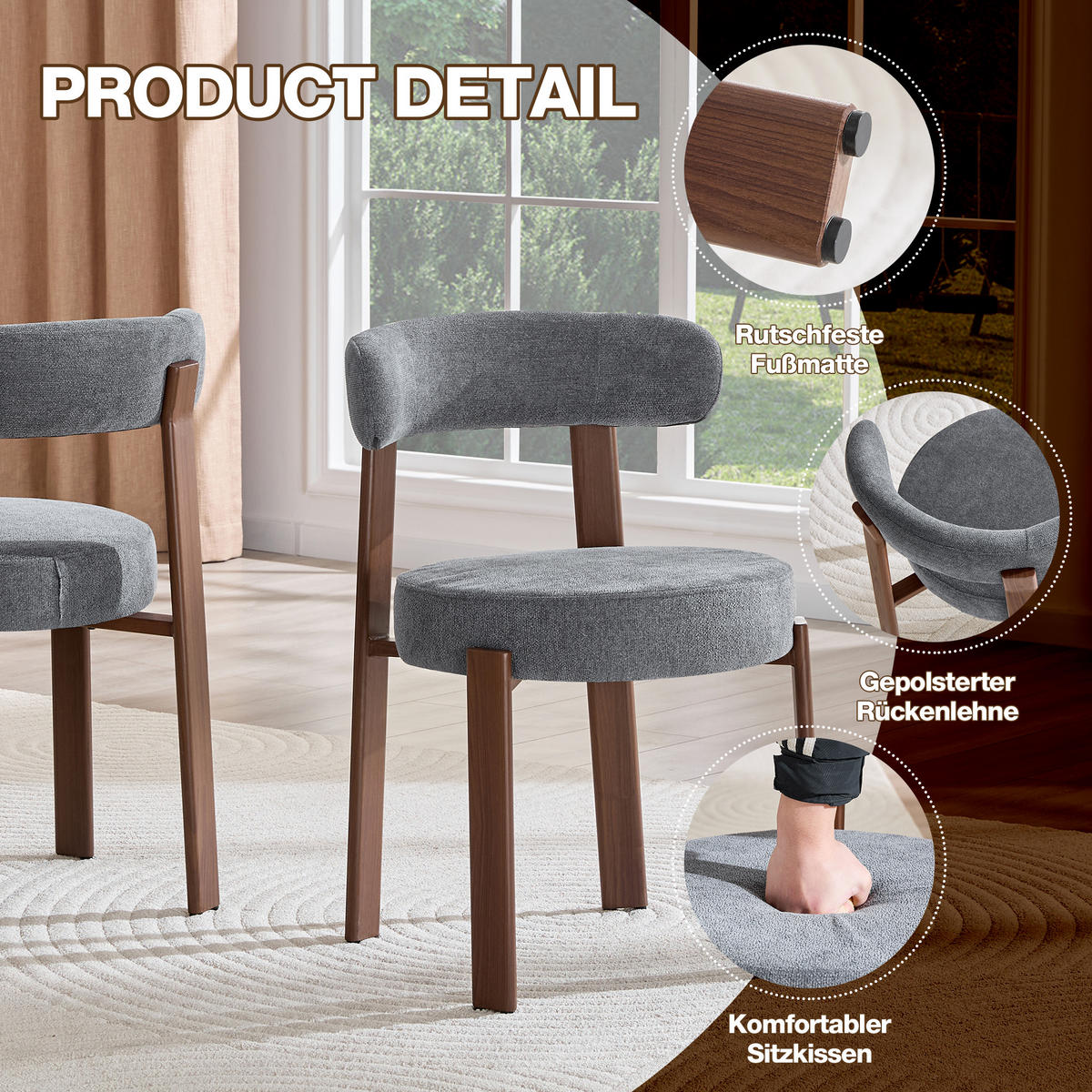 ESSZIMMERSTUHL 2ER-SET aus Stoff, mit ergonomischer Bügellehne - Grau, Textil (51.5/79/57cm) - Urban Meuble