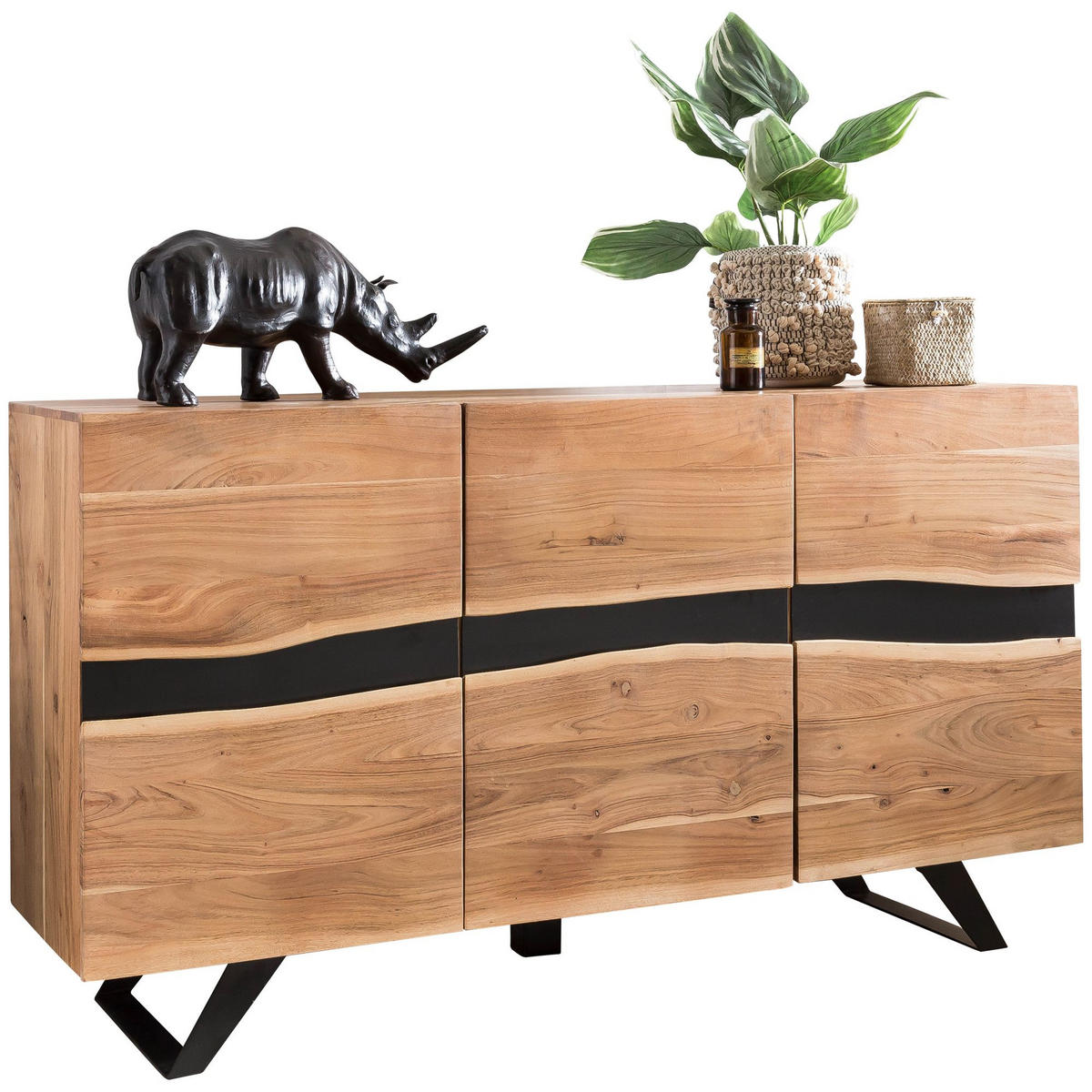 SIDEBOARD – Akazie Massivholz, 148x85x43 cm, Baumkante, Landhausstil, breit - Schwarz/Braun, Akazienholz/Holz (148/85/43cm) - KADIMA DESIGN