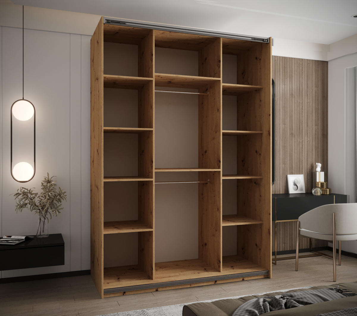 SCHWEBETÜRENSCHRANK 245,5/170/64 2-türig - Silberfarben/Eiche Artisan, Holz/Metall (170/245/64cm) - Abiks Möbel