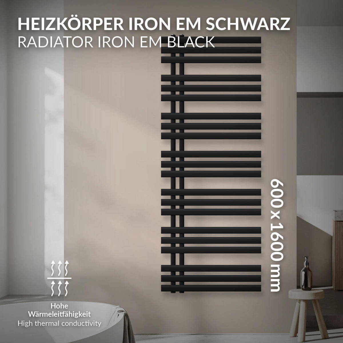 KOUPELNOVÉ topidlo Iron EM 600x1600 černé - černá, kov (60/160/3cm) - LuxeBath