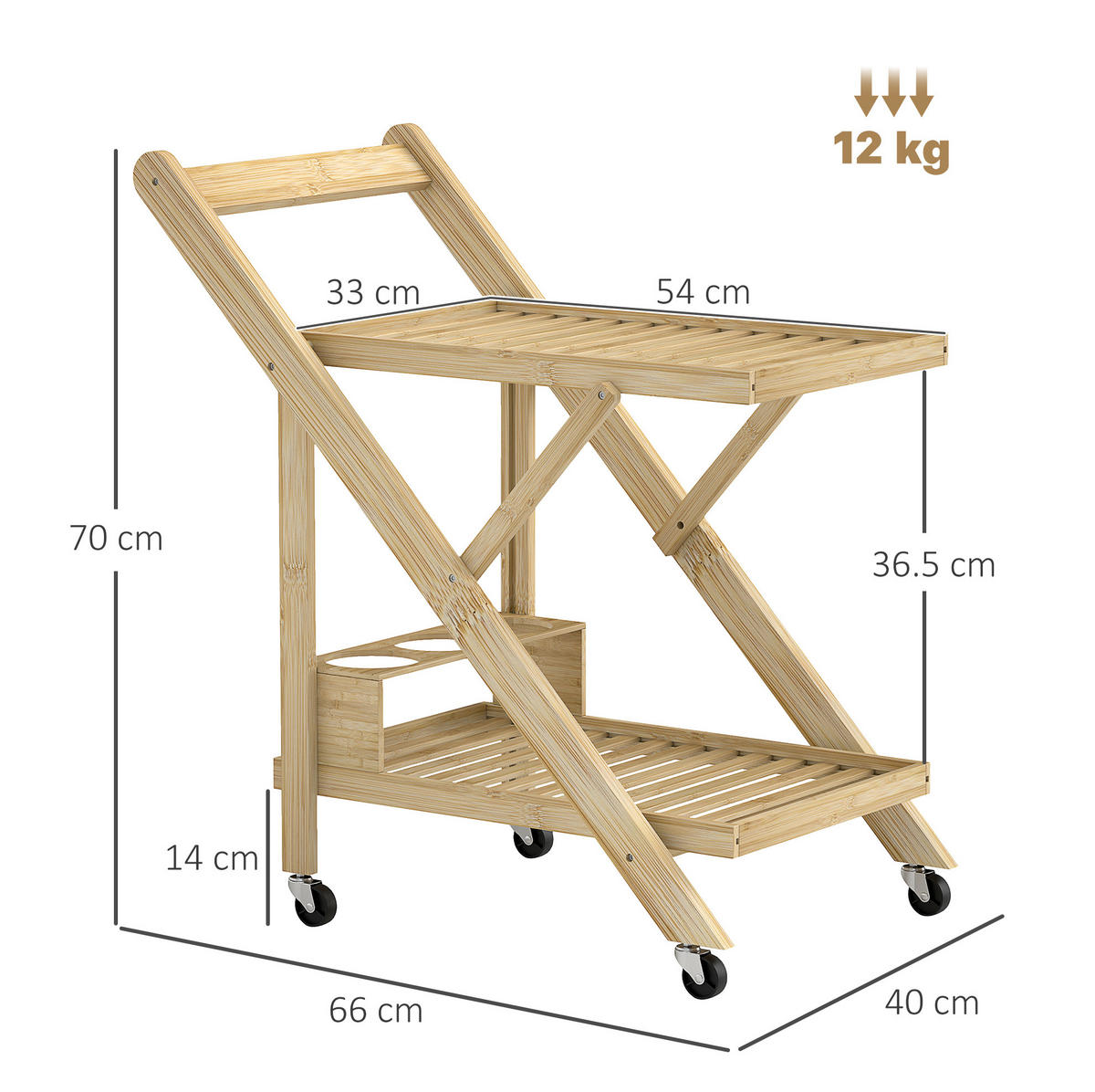 KÜCHENINSEL 66/40/70 cm klappbar mit Rollen, 2 Ablagen und Weinregal aus Bambus, Natur - Hellbraun, Naturmaterialien (66/70/40cm) - Redom