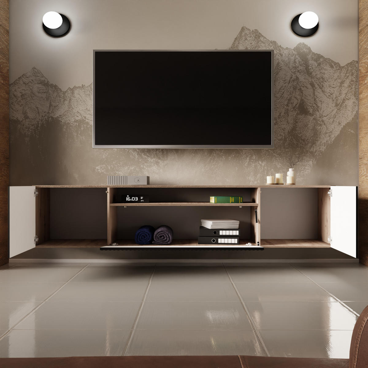 TV-SCHRANK NOE - Schwarz/Eiche Artisan, Holzwerkstoff (200/40/41cm) - Meblini