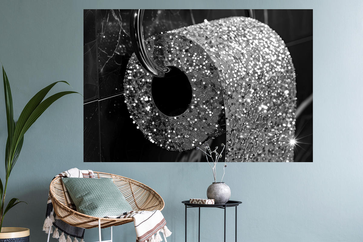 WANDTATTOO WC - Toilettenpapier - Schwarz und weiß - Glitter 120x80 cm - Silberfarben, Kunststoff (120/80/0.1cm) - MuchoWow