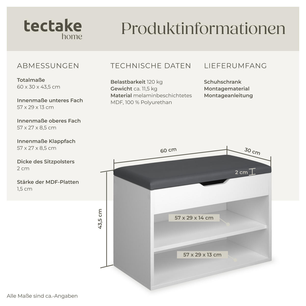 SCHUHBANK Jasmina,60 x 30 x 43,5 cm,weiß - Weiß, Holz (30/43.5/60cm) - tectake
