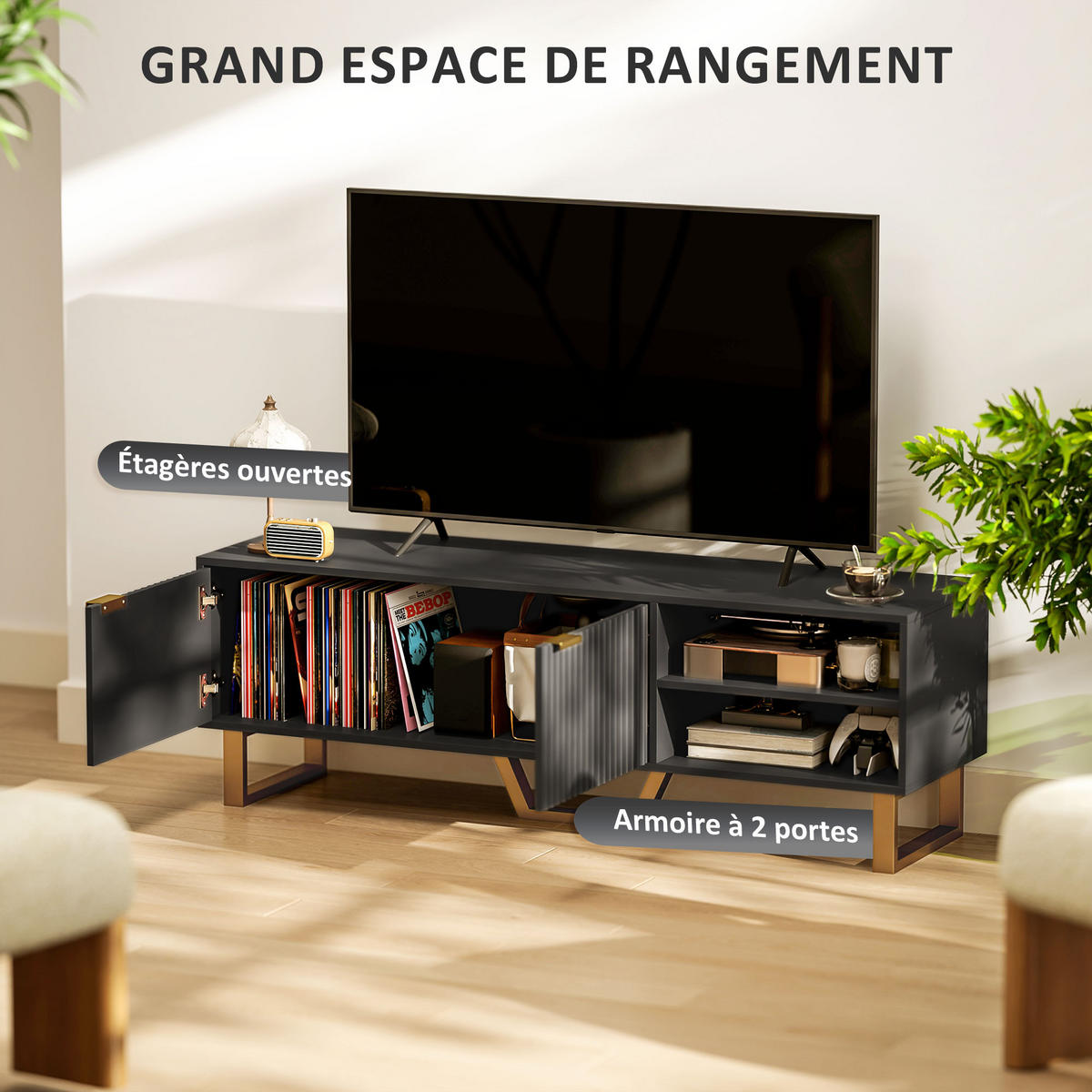 TV-LOWBOARD Holzoptik/Gold 140/39/47 cm, 2 geriffelte Türen, offene Fächer - Schwarz, Holzwerkstoff (140/47/39cm) - PANGIVO