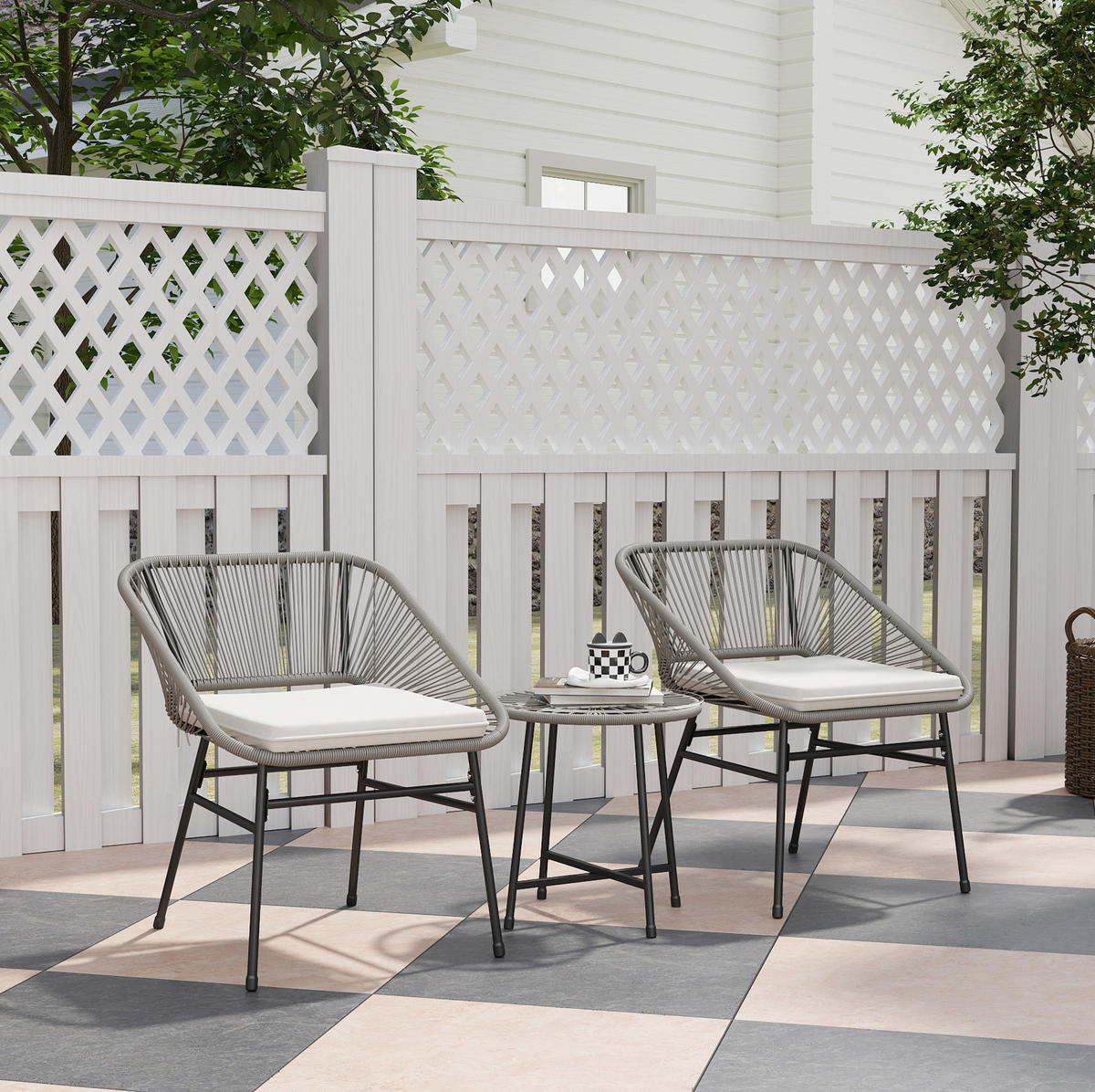 BALKONSET aus Rattan 3-teilig 45x45x46cm dunkelgrau mit Sitzkissen - Dunkelgrau, Naturmaterialen - Modfu