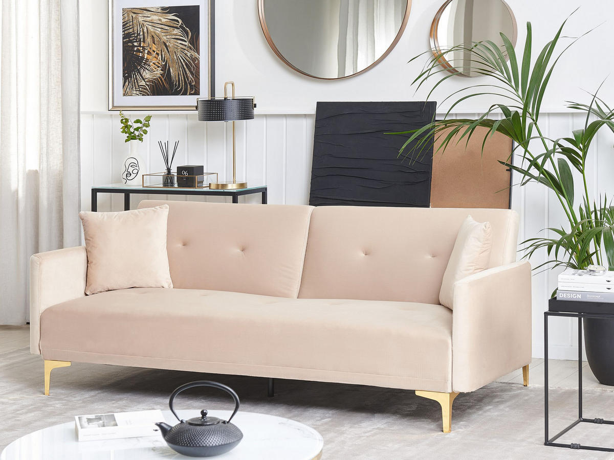 3-SITZER-SCHLAFSOFA Samtstoff Beige Lucan - Beige, Textil (190/75/90cm) - Beliani