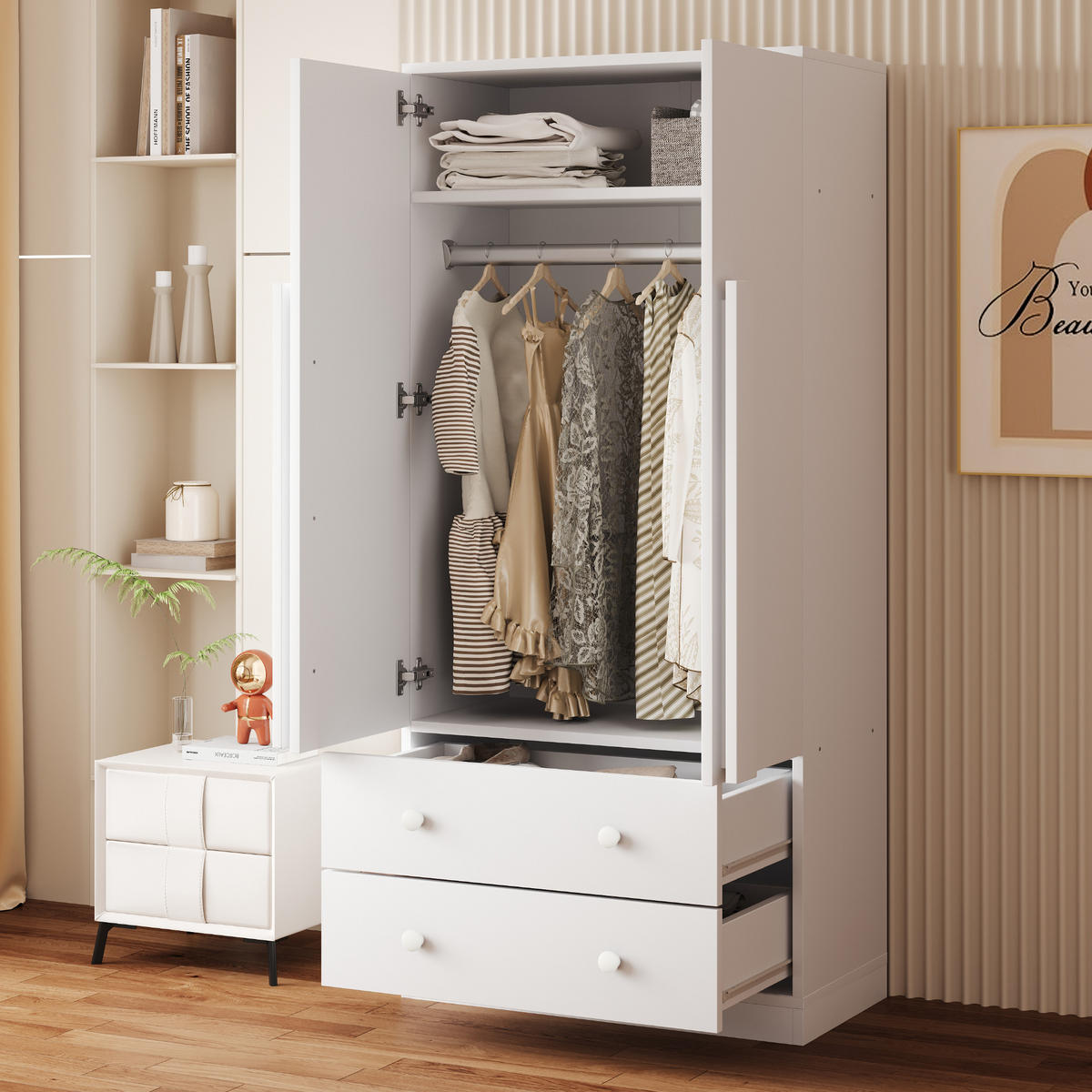 KLEIDERSCHRANK in Weiß mit Doppeltür-Design und Schubladen für Schlafzimmer und Wohnzimmer, B70/T40/H170 cm - Weiß, Holzwerkstoff/Metall (70/170/40cm) - STILVORA
