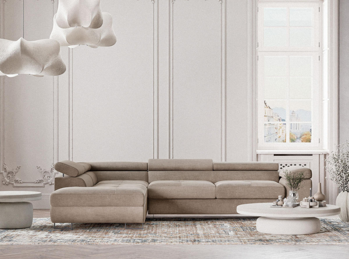 ECKSOFA Concord Grau braun Chenille-Stoff - Links Seite - Graubraun/Schwarz, Holz/Holzwerkstoff (203/277cm) - Maison de Reve