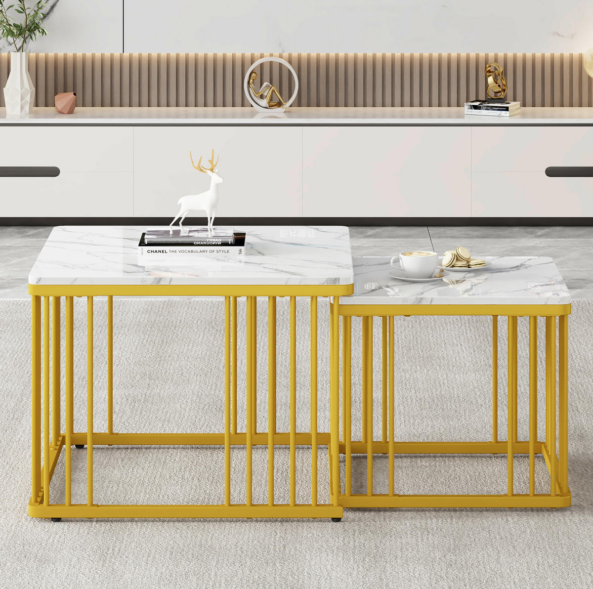 COUCHTISCH-SET aus MDF 60x60x45 cm und 45x45x40 cm Weiß in Marmoroptik, ineinanderschiebbar - Weiß, Holzwerkstoff (60/60/45cm) - IVMEU