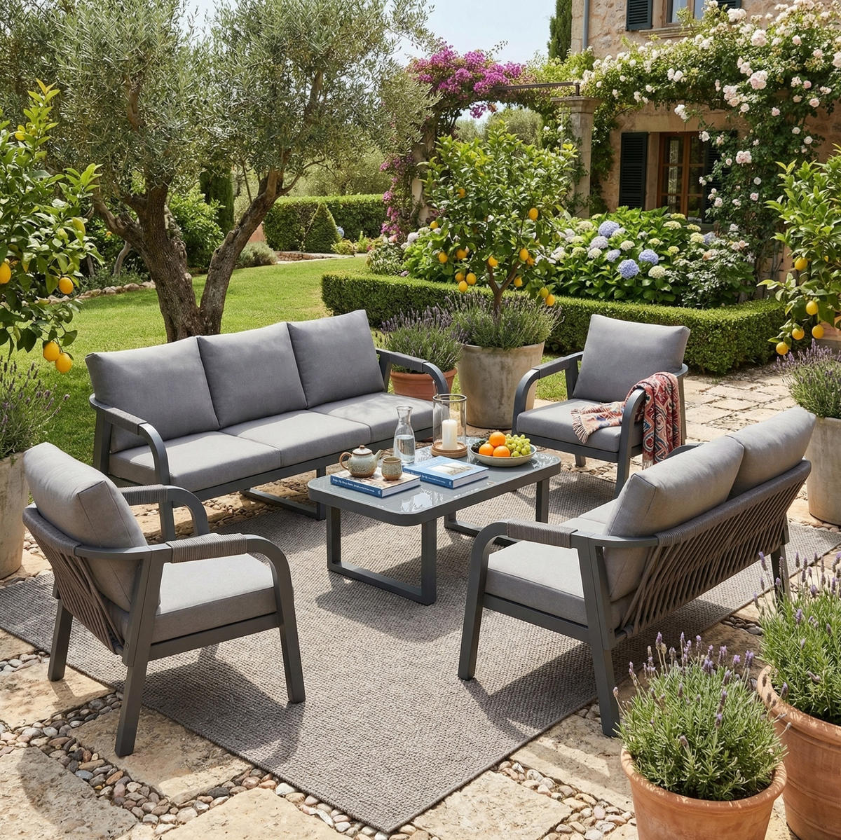 GARTENLOUNGE-SET 172/70/76 cm grau aus Polyester mit Seilgeflecht und Glas-Couchtisch - Grau, Metall - OKWISH
