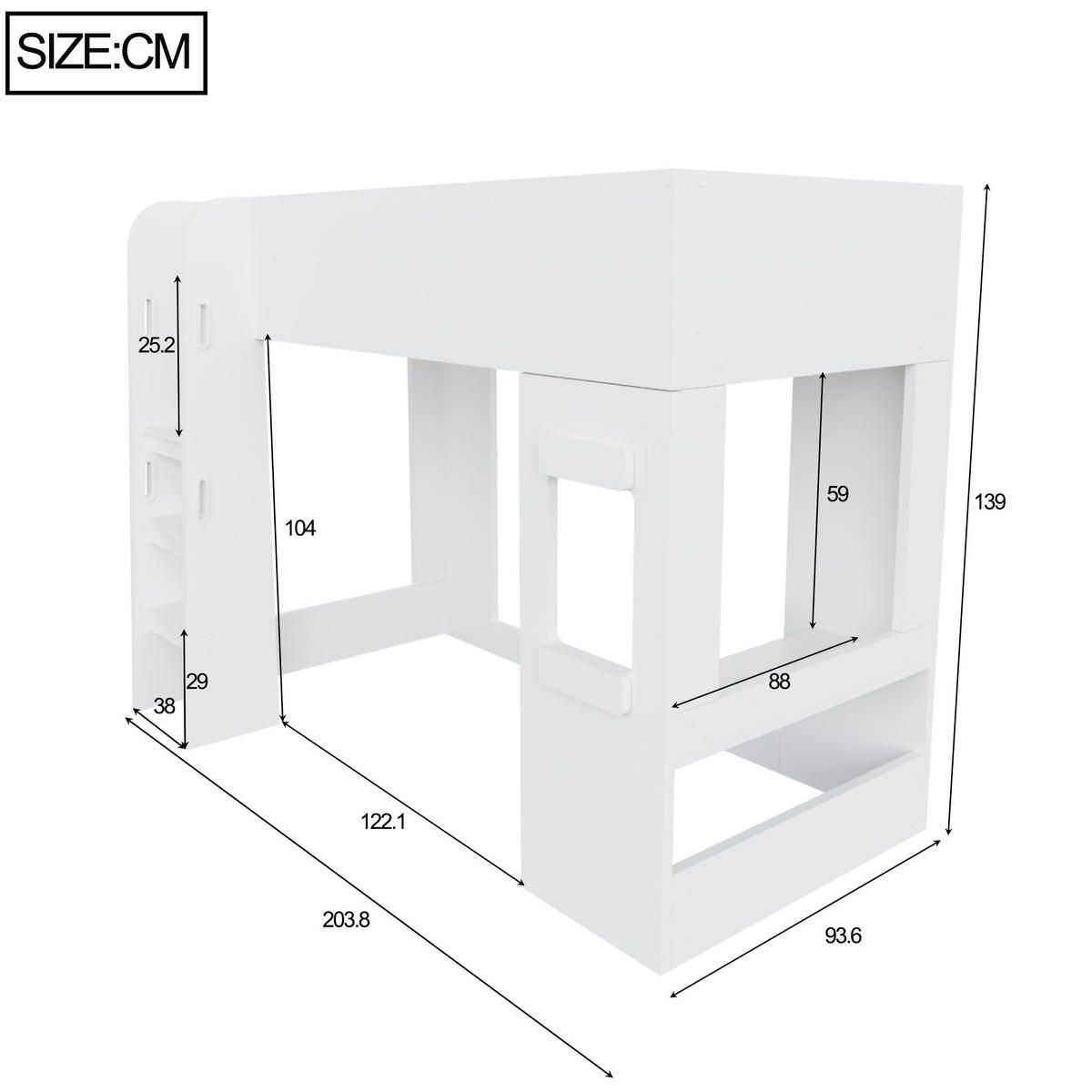 HOCHBETT 90/200 cm mit Lichtleiste und Schreibtisch, DE-41600, in Weiß - Weiß, Holzwerkstoff (90/200cm) - ComfortXL
