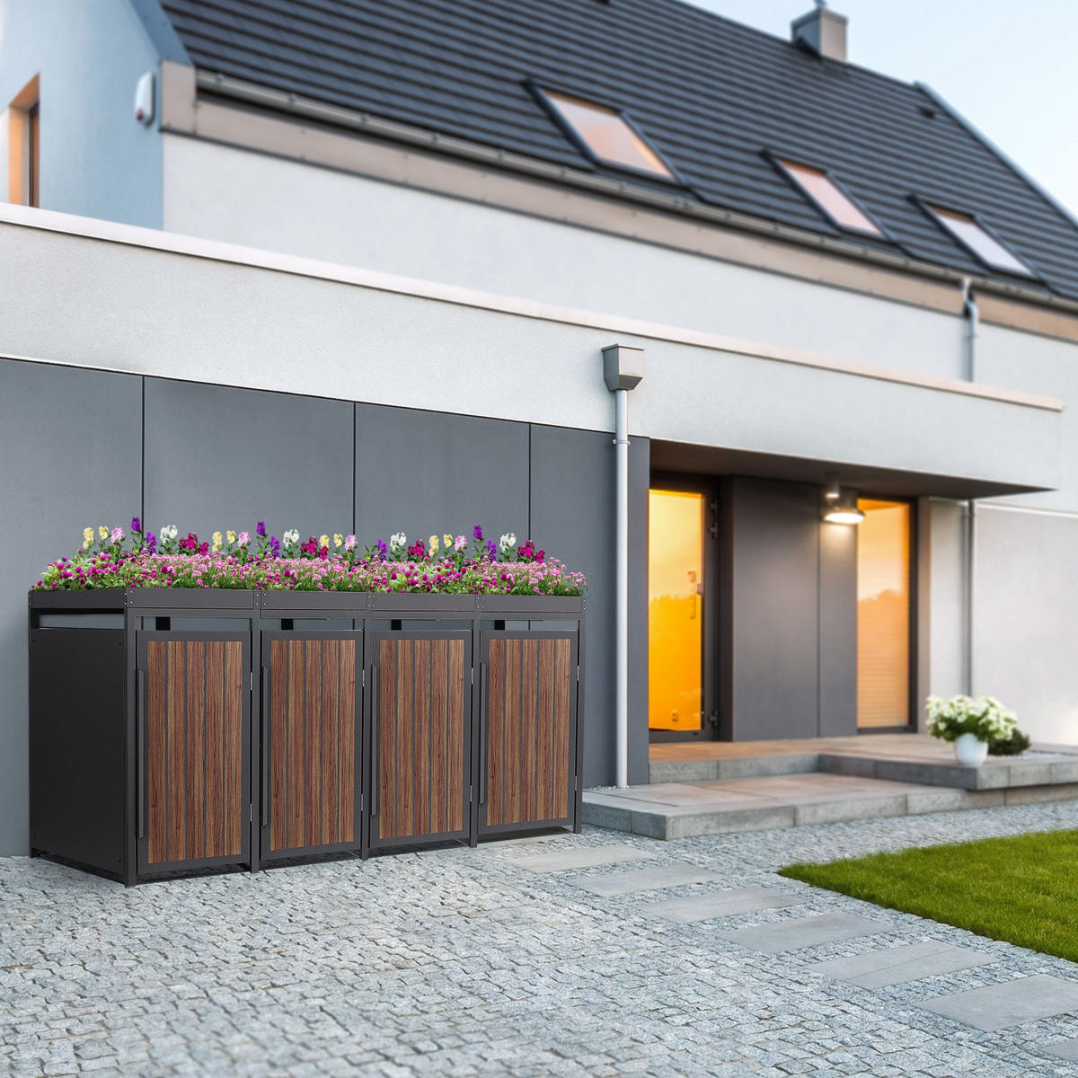 MÜLLTONNENBOX 4er mit Pflanzdach 240L Anthrazit-Holzoptik aus Stahl - Dunkelbraun, Metall (80/124/260cm) - ML-DESIGN