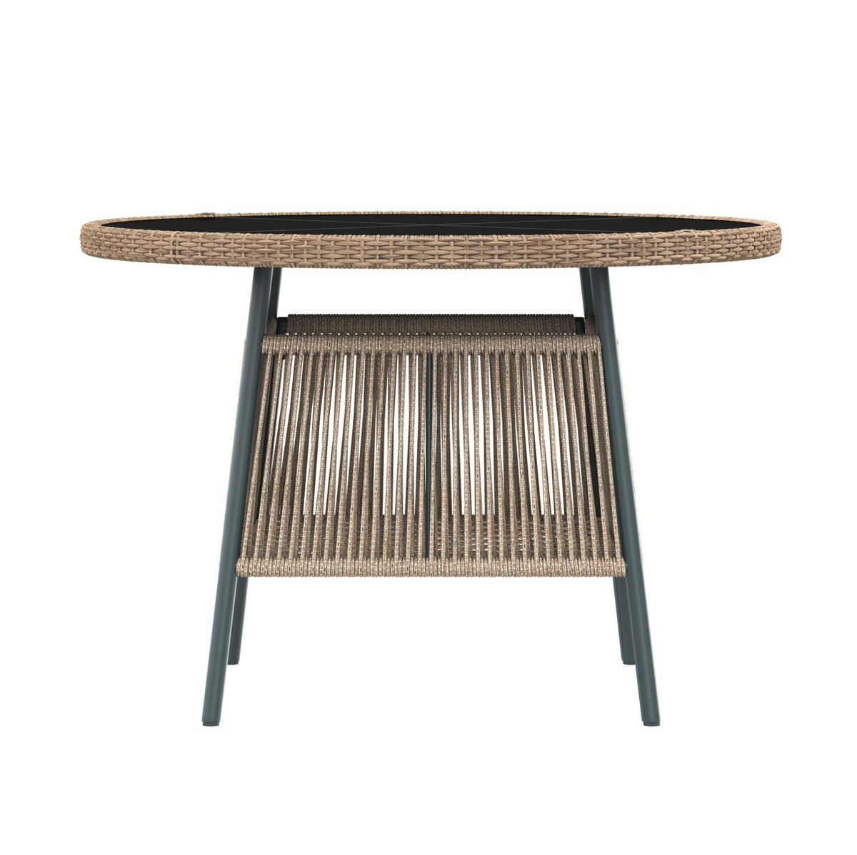 GARTENMÖBELSET 110/110/74 cm mit rundem Tisch, 4 Sesseln, Sicherheitsglas und Sitzkissen, Grau - Beige, Metall - Redom