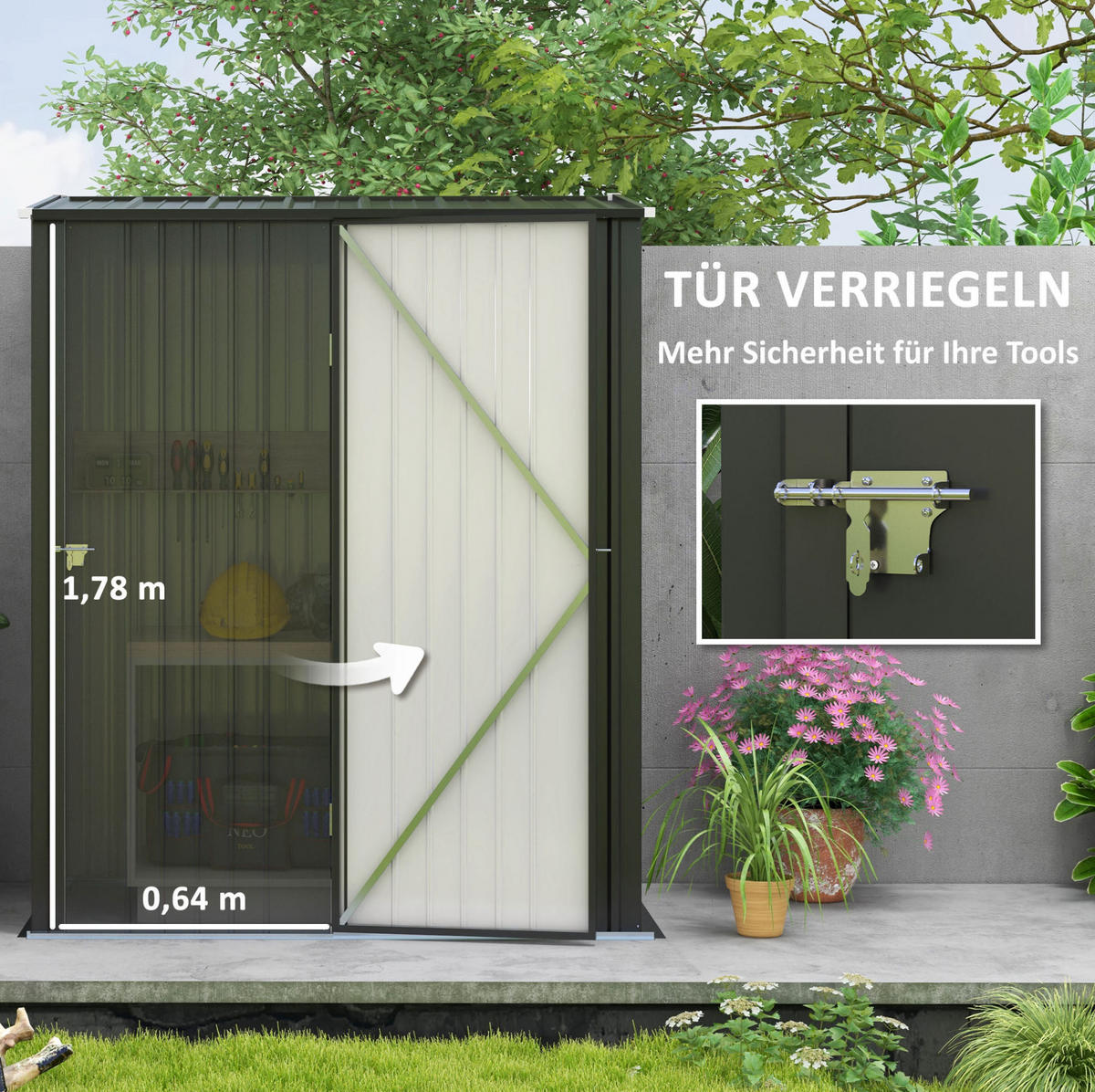 GERÄTEHAUS 161,5/94,5/183/196 cm mit abschließbarer Tür und Pultdach aus verzinktem Stahl, Schwarz - Schwarz, Metall (94.5/196/161.5cm) - Redom