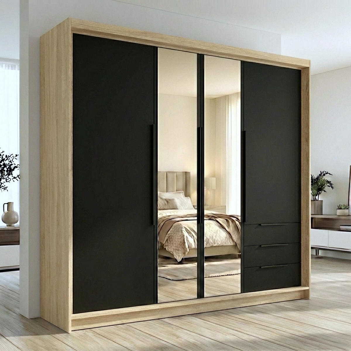 DREHTÜRENSCHRANK VIVO 200 cm Farbe: Sonoma | Schwarz | Schwarz - Schwarz/Braun, Holzwerkstoff/Metall (200/215/59.5cm) - A&J MöbelLand