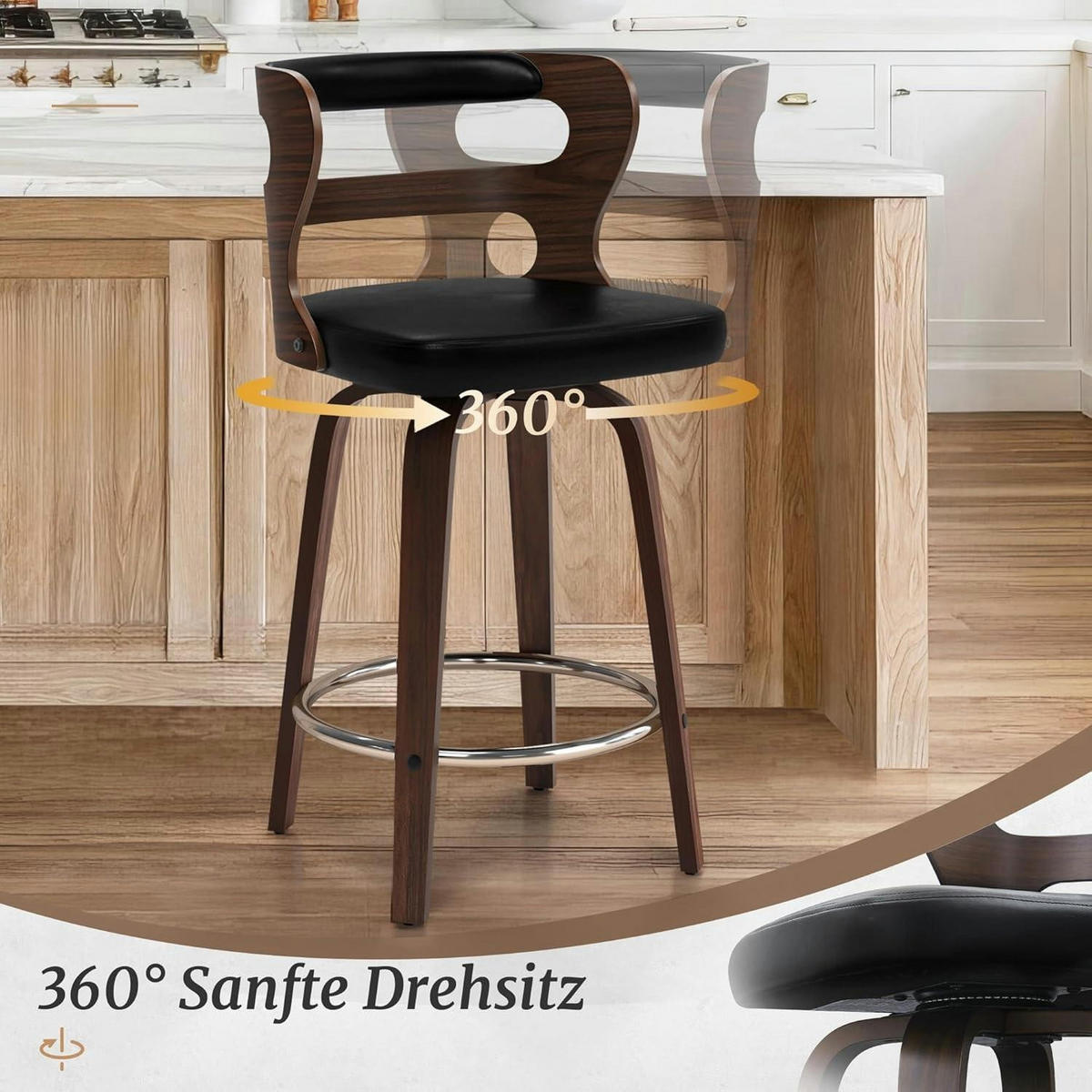 BARHOCKER 66 cm Set mit Lehne und Armlehnen Holz Kunstleder Schwarz Dunkelwalnuss - Schwarz, Holzwerkstoff (46/94/54cm)