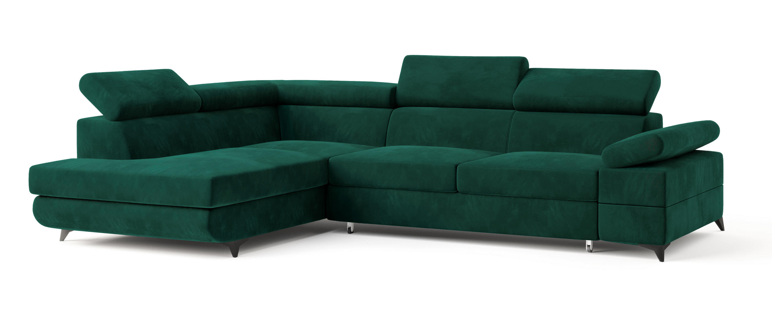 ECKSOFA FAVIEN L-S Grün Velours-Stoff mit Schlaffunktion - Grün, Holz (257/190cm) - MASSENO