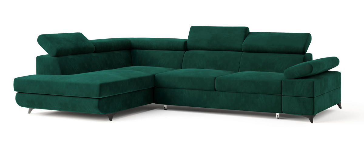 ECKSOFA FAVIEN L-S Grün Velours-Stoff mit Schlaffunktion - Grün, Holz (257/190cm) - MASSENO