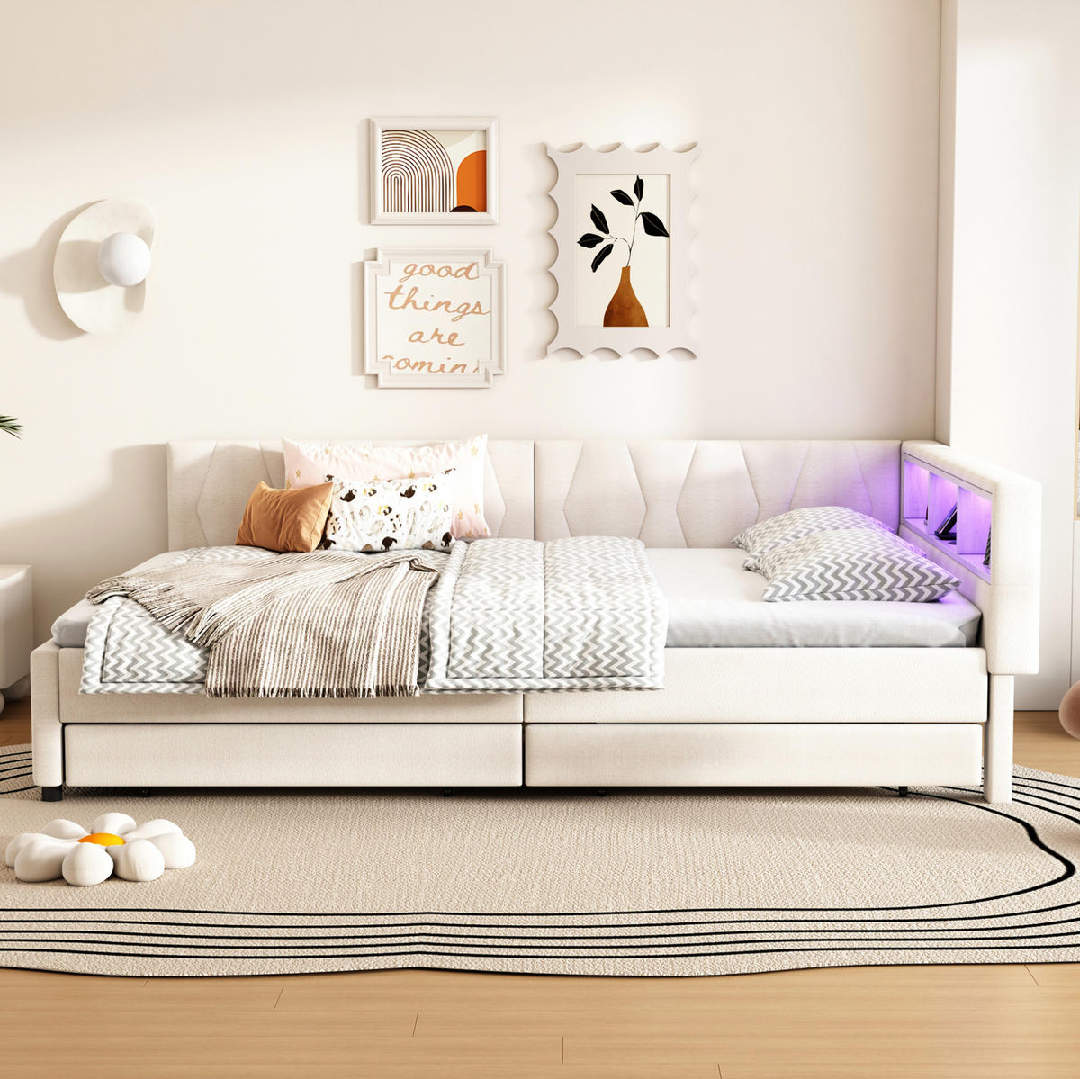 TAGESBETT 140/200 cm aus Leinen mit LED-Lichtleiste, USB-C und Schubladen Beige - Beige, Textil (140/200cm) - Modenvie